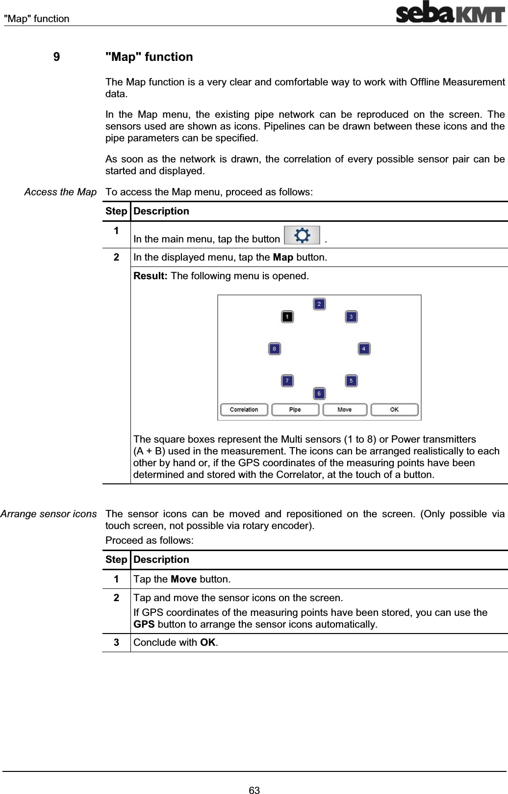 "Map" function639 "Map" functionThe Map function is a very clear and comfortable way to work with Offline Measurement data. In the Map menu, the existing pipe network can be reproduced on the screen. The sensors used are shown as icons. Pipelines can be drawn between these icons and the pipe parameters can be specified. As soon as the network is drawn, the correlation of every possible sensor pair can be started and displayed.To access the Map menu, proceed as follows:Step Description1In the main menu, tap the button .2In the displayed menu, tap the Map button.Result: The following menu is opened.The square boxes represent the Multi sensors (1 to 8) or Power transmitters(A + B) used in the measurement. The icons can be arranged realistically to each other by hand or, if the GPS coordinates of the measuring points have beendetermined and stored with the Correlator, at the touch of a button.The sensor icons can be moved and repositioned on the screen. (Only possible via touch screen, not possible via rotary encoder).Proceed as follows:Step Description1Tap the Move button.2Tap and move the sensor icons on the screen.If GPS coordinates of the measuring points have been stored, you can use the GPS button to arrange the sensor icons automatically. 3Conclude with OK.Access the MapArrange sensor icons