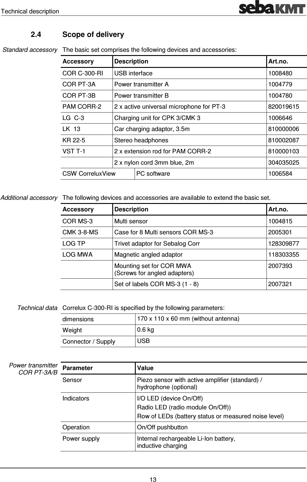Technical description 13 2.4 Scope of delivery The basic set comprises the following devices and accessories: Accessory Description Art.no. COR C-300-RI USB interface 1008480 COR PT-3A Power transmitter A 1004779 COR PT-3B Power transmitter B 1004780 PAM CORR-2 2 x active universal microphone for PT-3 820019615 LG C-3 Charging unit for CPK 3/CMK 3 1006646 LK 13 Car charging adaptor, 3.5m 810000006 KR 22-5 Stereo headphones 810002087 VST T-1 2 x extension rod for PAM CORR-2 810000103 2 x nylon cord 3mm blue, 2m 304035025 CSW CorreluxView PC software 1006584 The following devices and accessories are available to extend the basic set. Accessory Description Art.no. COR MS-3 Multi sensor 1004815 CMK 3-8-MS Case for 8 Multi sensors COR MS-3 2005301 LOG TP Trivet adaptor for Sebalog Corr 128309877 LOG MWA Magnetic angled adaptor 118303355 Mounting set for COR MWA (Screws for angled adapters) 2007393 Set of labels COR MS-3 (1 - 8) 2007321 Correlux C-300-RI is specified by the following parameters: dimensions 170 x 110 x 60 mm (without antenna) Weight 0.6 kg Connector / Supply USB Parameter Value Sensor Piezo sensor with active amplifier (standard) / hydrophone (optional) Indicators I/O LED (device On/Off) Radio LED (radio module On/Off)) Row of LEDs (battery status or measured noise level) Operation On/Off pushbutton Power supply Internal rechargeable Li-Ion battery, inductive charging Standard accessory Additional accessory Technical data Power transmitter COR PT-3A/B