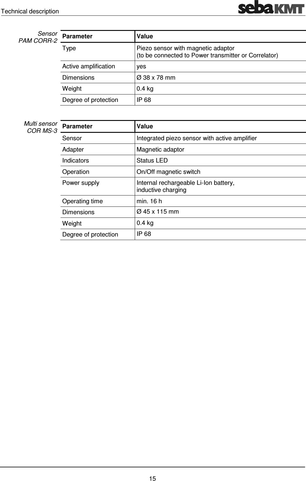Technical description 15 Parameter Value Type Piezo sensor with magnetic adaptor (to be connected to Power transmitter or Correlator) Active amplification yes Dimensions Ø 38 x 78 mm Weight 0.4 kg Degree of protection IP 68 Parameter Value Sensor Integrated piezo sensor with active amplifier Adapter Magnetic adaptor Indicators Status LED Operation On/Off magnetic switch Power supply Internal rechargeable Li-Ion battery, inductive charging Operating time min. 16 h Dimensions Ø 45 x 115 mm Weight 0.4 kg Degree of protection IP 68 Sensor PAM CORR-2 Multi sensor COR MS-3