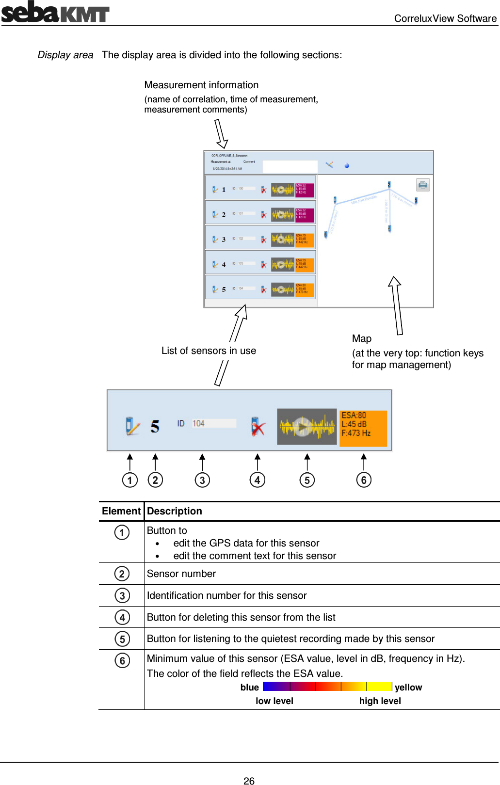 CorreluxView Software 26 The display area is divided into the following sections: Element Description Button to • edit the GPS data for this sensor • edit the comment text for this sensor Sensor number Identification number for this sensor Button for deleting this sensor from the list Button for listening to the quietest recording made by this sensor Minimum value of this sensor (ESA value, level in dB, frequency in Hz). The color of the field reflects the ESA value. blue yellow low level high level Display area Measurement information (name of correlation, time of measurement, measurement comments) Map (at the very top: function keys for map management) List of sensors in use