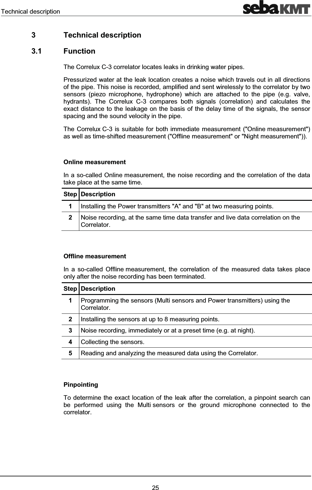 Technical description253 Technical description3.1 FunctionThe Correlux C-3 correlator locates leaks in drinking water pipes. Pressurized water at the leak location creates a noise which travels out in all directions of the pipe. This noise is recorded, amplified and sent wirelessly to the correlator by two sensors (piezo microphone, hydrophone) which are attached to the pipe (e.g. valve, hydrants). The Correlux C-3 compares both signals (correlation) and calculates the exact distance to the leakage on the basis of the delay time of the signals, the sensor spacing and the sound velocity in the pipe.The Correlux C-3 is suitable for both immediate measurement ("Online measurement") as well as time-shifted measurement ("Offline measurement" or "Night measurement")).Online measurementIn a so-called Online measurement, the noise recording and the correlation of the data take place at the same time.Step Description1Installing the Power transmitters "A" and "B" at two measuring points.2Noise recording, at the same time data transfer and live data correlation on the Correlator.Offline measurementIn a so-called Offline measurement, the correlation of the measured data takes place only after the noise recording has been terminated.Step Description 1Programming the sensors (Multi sensors and Power transmitters) using the Correlator.2Installing the sensors at up to 8 measuring points. 3Noise recording, immediately or at a preset time (e.g. at night).4Collecting the sensors.5Reading and analyzing the measured data using the Correlator.PinpointingTo determine the exact location of the leak after the correlation, a pinpoint search can be performed using the Multi sensors or the ground microphone connected to the correlator.