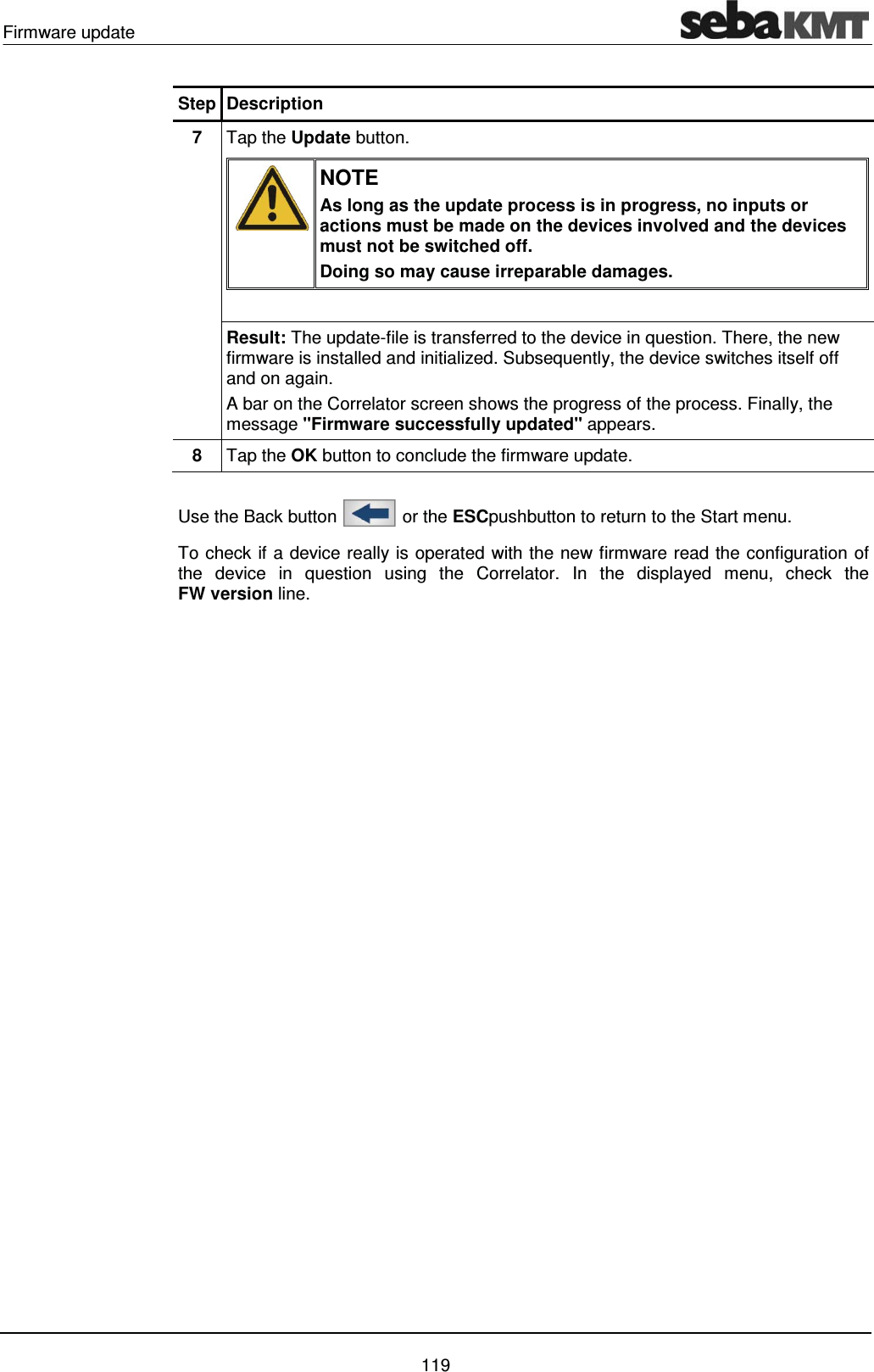 Firmware update    119 Step Description 7  Tap the Update button.  NOTE As long as the update process is in progress, no inputs or actions must be made on the devices involved and the devices must not be switched off. Doing so may cause irreparable damages.    Result: The update-file is transferred to the device in question. There, the new firmware is installed and initialized. Subsequently, the device switches itself off and on again. A bar on the Correlator screen shows the progress of the process. Finally, the message "Firmware successfully updated" appears. 8  Tap the OK button to conclude the firmware update.  Use the Back button   or the ESCpushbutton to return to the Start menu.  To check if a device really is operated with the new firmware read the configuration of the device in question using the Correlator. In the displayed menu, check the FW version line.     