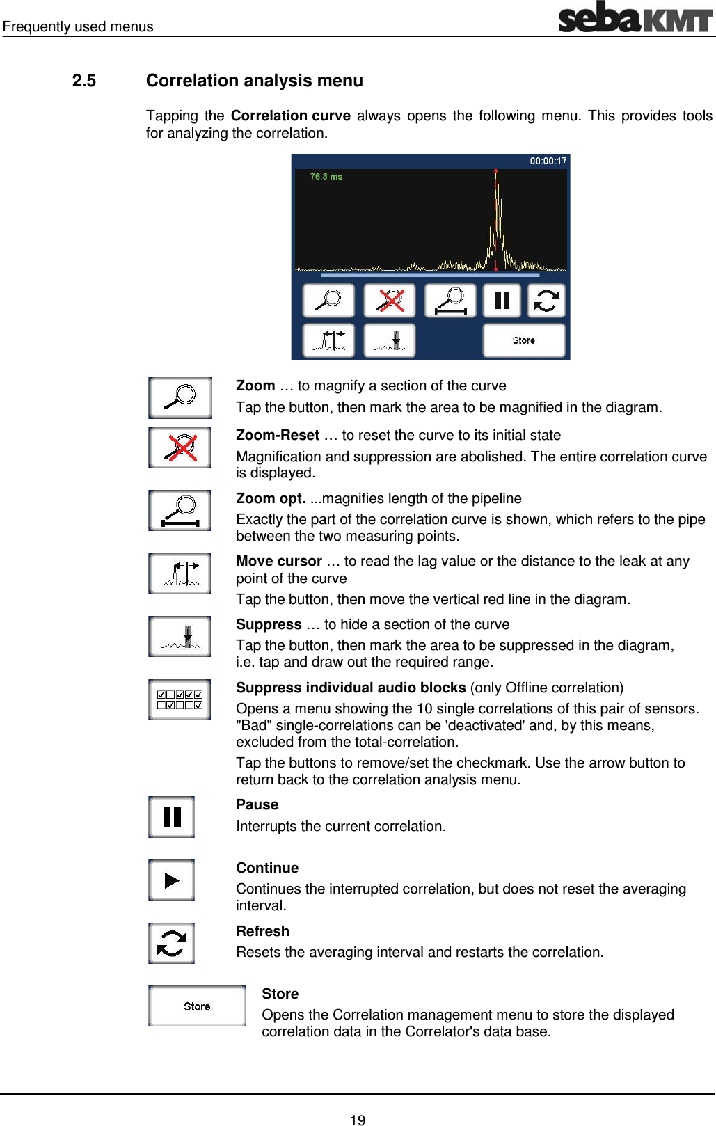 Frequently used menus    19 2.5  Correlation analysis menu  Tapping the Correlation curve always opens the following menu. This provides tools for analyzing the correlation.   Zoom &hellip; to magnify a section of the curve Tap the button, then mark the area to be magnified in the diagram.  Zoom-Reset &hellip; to reset the curve to its initial state  Magnification and suppression are abolished. The entire correlation curve is displayed.  Zoom opt. ...magnifies length of the pipeline Exactly the part of the correlation curve is shown, which refers to the pipe between the two measuring points.   Move cursor &hellip; to read the lag value or the distance to the leak at any point of the curve Tap the button, then move the vertical red line in the diagram.   Suppress &hellip; to hide a section of the curve Tap the button, then mark the area to be suppressed in the diagram,  i.e. tap and draw out the required range.  Suppress individual audio blocks (only Offline correlation) Opens a menu showing the 10 single correlations of this pair of sensors. "Bad" single-correlations can be 'deactivated' and, by this means, excluded from the total-correlation. Tap the buttons to remove/set the checkmark. Use the arrow button to return back to the correlation analysis menu.   Pause  Interrupts the current correlation.   Continue  Continues the interrupted correlation, but does not reset the averaging interval.  Refresh  Resets the averaging interval and restarts the correlation.   Store  Opens the Correlation management menu to store the displayed correlation data in the Correlator's data base.  