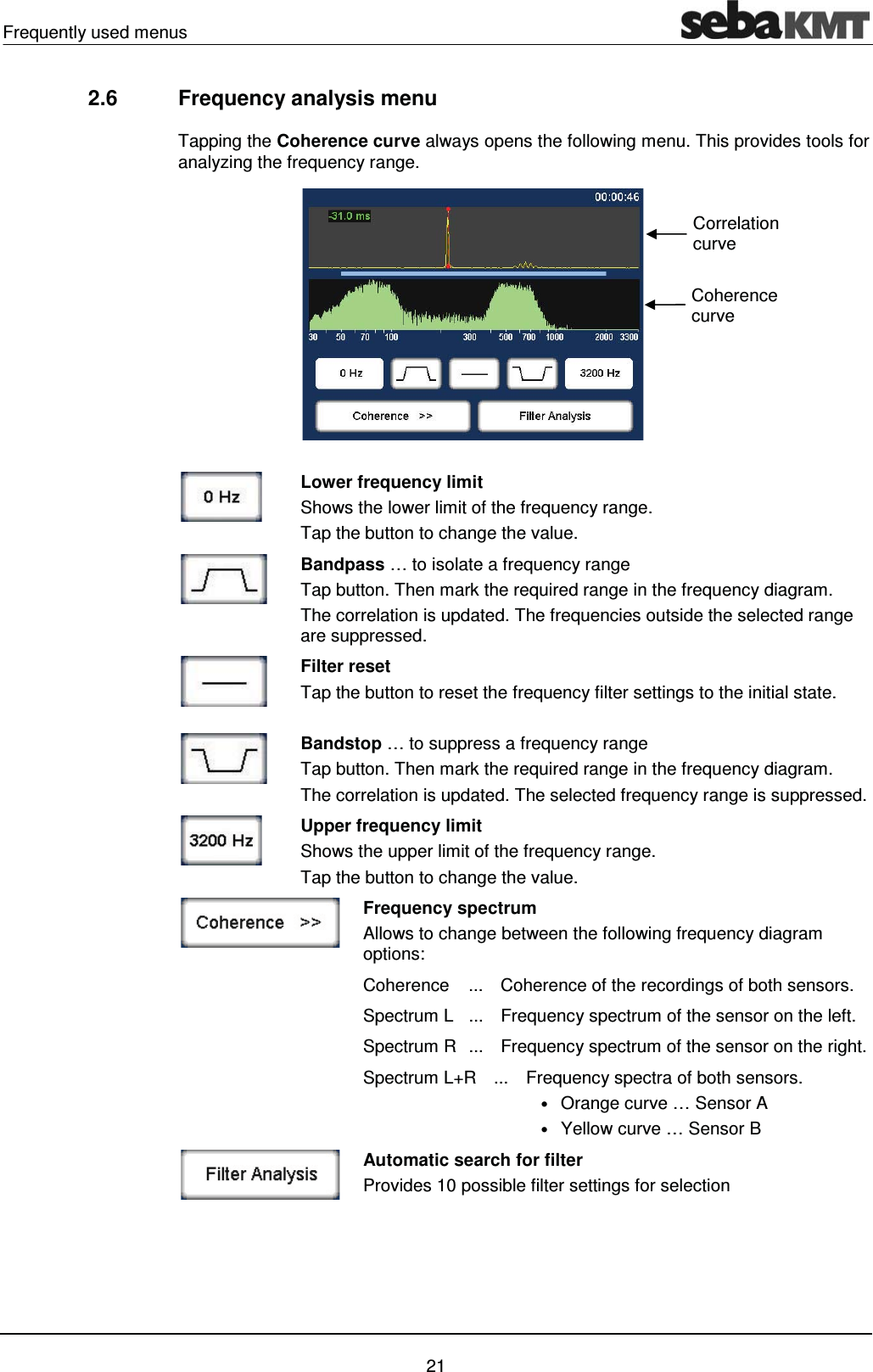 Frequently used menus    21 2.6  Frequency analysis menu  Tapping the Coherence curve always opens the following menu. This provides tools for analyzing the frequency range.    Lower frequency limit Shows the lower limit of the frequency range. Tap the button to change the value.   Bandpass &hellip; to isolate a frequency range Tap button. Then mark the required range in the frequency diagram.  The correlation is updated. The frequencies outside the selected range are suppressed.  Filter reset Tap the button to reset the frequency filter settings to the initial state.   Bandstop &hellip; to suppress a frequency range  Tap button. Then mark the required range in the frequency diagram.  The correlation is updated. The selected frequency range is suppressed.  Upper frequency limit Shows the upper limit of the frequency range. Tap the button to change the value.  Frequency spectrum Allows to change between the following frequency diagram options:   Coherence  ...  Coherence of the recordings of both sensors.   Spectrum L  ...  Frequency spectrum of the sensor on the left.   Spectrum R  ...  Frequency spectrum of the sensor on the right.   Spectrum L+R  ...  Frequency spectra of both sensors. &bull; Orange curve &hellip; Sensor A &bull; Yellow curve &hellip; Sensor B  Automatic search for filter  Provides 10 possible filter settings for selection      Coherence curve Correlation curve 