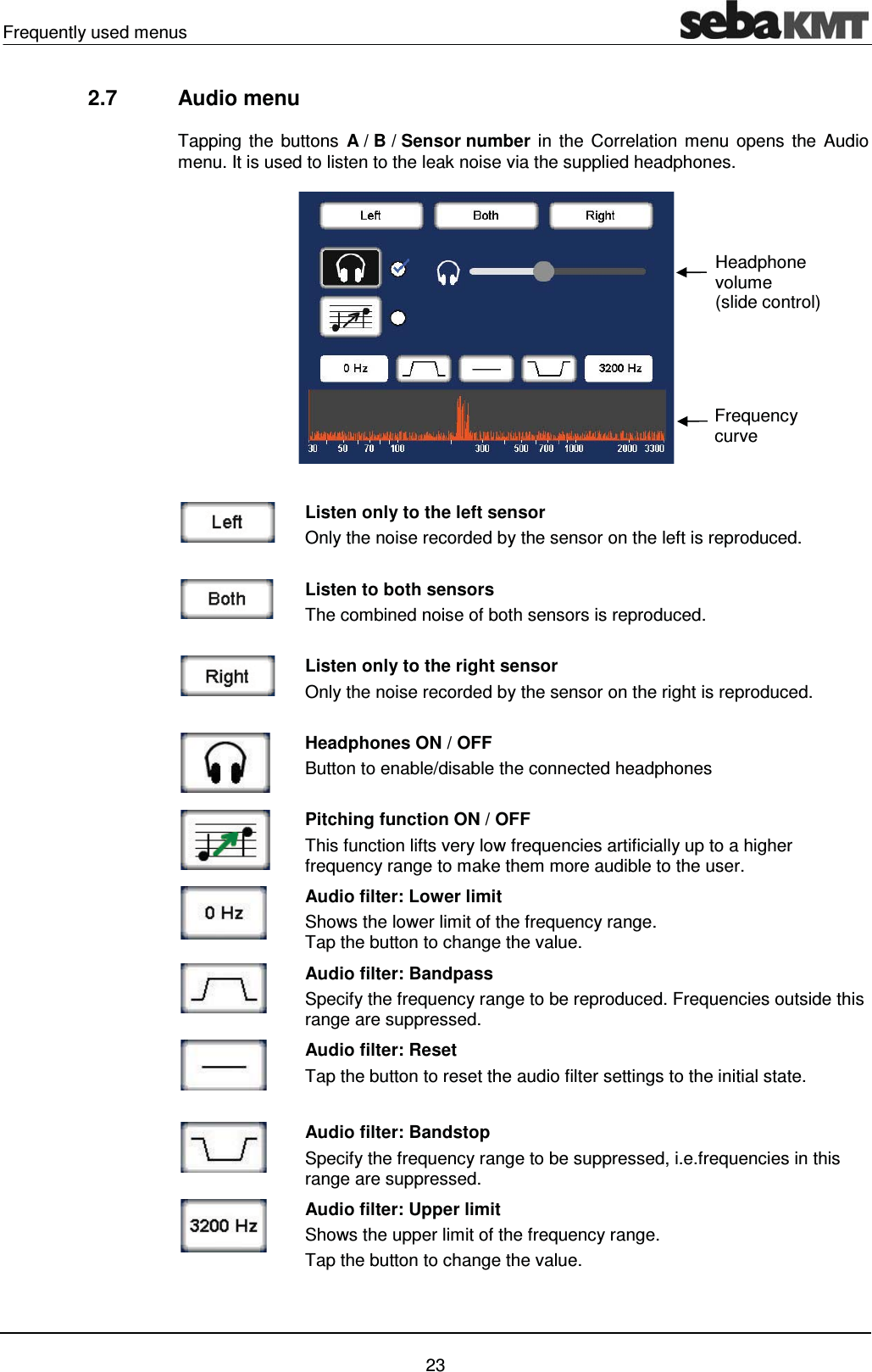 Frequently used menus    23 2.7 Audio menu  Tapping the buttons  A / B / Sensor number in the Correlation menu opens the Audio menu. It is used to listen to the leak noise via the supplied headphones.    Listen only to the left sensor Only the noise recorded by the sensor on the left is reproduced.   Listen to both sensors The combined noise of both sensors is reproduced.   Listen only to the right sensor Only the noise recorded by the sensor on the right is reproduced.   Headphones ON / OFF Button to enable/disable the connected headphones   Pitching function ON / OFF This function lifts very low frequencies artificially up to a higher frequency range to make them more audible to the user.   Audio filter: Lower limit Shows the lower limit of the frequency range.  Tap the button to change the value.   Audio filter: Bandpass  Specify the frequency range to be reproduced. Frequencies outside this range are suppressed.  Audio filter: Reset  Tap the button to reset the audio filter settings to the initial state.   Audio filter: Bandstop  Specify the frequency range to be suppressed, i.e.frequencies in this range are suppressed.   Audio filter: Upper limit  Shows the upper limit of the frequency range. Tap the button to change the value.   Headphone volume (slide control) Frequency curve 