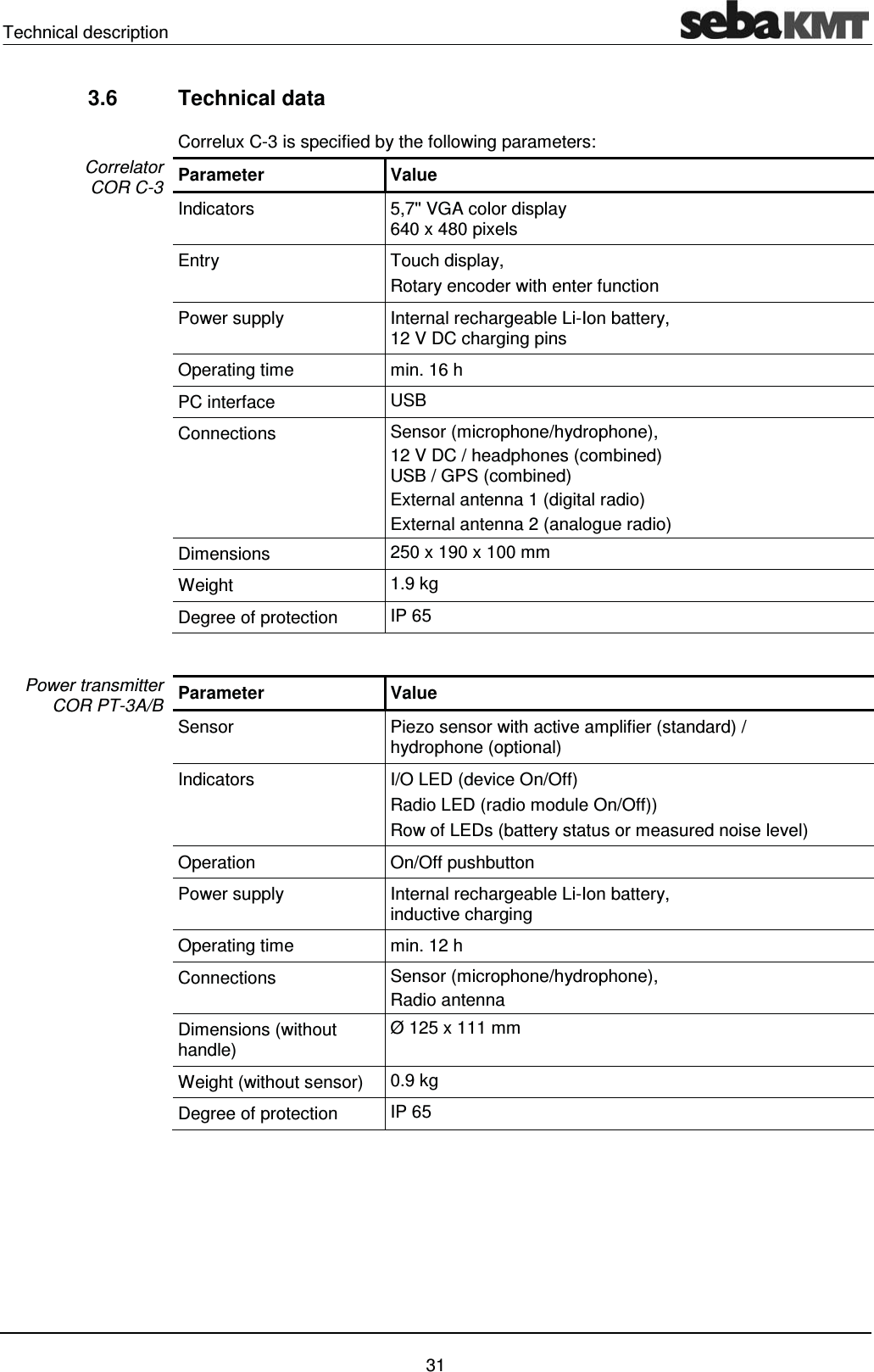 Technical description    31 3.6 Technical data Correlux C-3 is specified by the following parameters: Parameter Value Indicators  5,7'' VGA color display  640 x 480 pixels Entry   Touch display,  Rotary encoder with enter function Power supply  Internal rechargeable Li-Ion battery,  12 V DC charging pins Operating time  min. 16 h PC interface  USB Connections  Sensor (microphone/hydrophone),  12 V DC / headphones (combined)  USB / GPS (combined)  External antenna 1 (digital radio) External antenna 2 (analogue radio) Dimensions  250 x 190 x 100 mm Weight  1.9 kg Degree of protection  IP 65  Parameter Value Sensor  Piezo sensor with active amplifier (standard) /  hydrophone (optional) Indicators  I/O LED (device On/Off) Radio LED (radio module On/Off)) Row of LEDs (battery status or measured noise level) Operation On/Off pushbutton Power supply  Internal rechargeable Li-Ion battery, inductive charging Operating time  min. 12 h Connections  Sensor (microphone/hydrophone),  Radio antenna Dimensions (without handle) &Oslash; 125 x 111 mm  Weight (without sensor)  0.9 kg Degree of protection  IP 65  Correlator  COR C-3 Power transmitter  COR PT-3A/B 