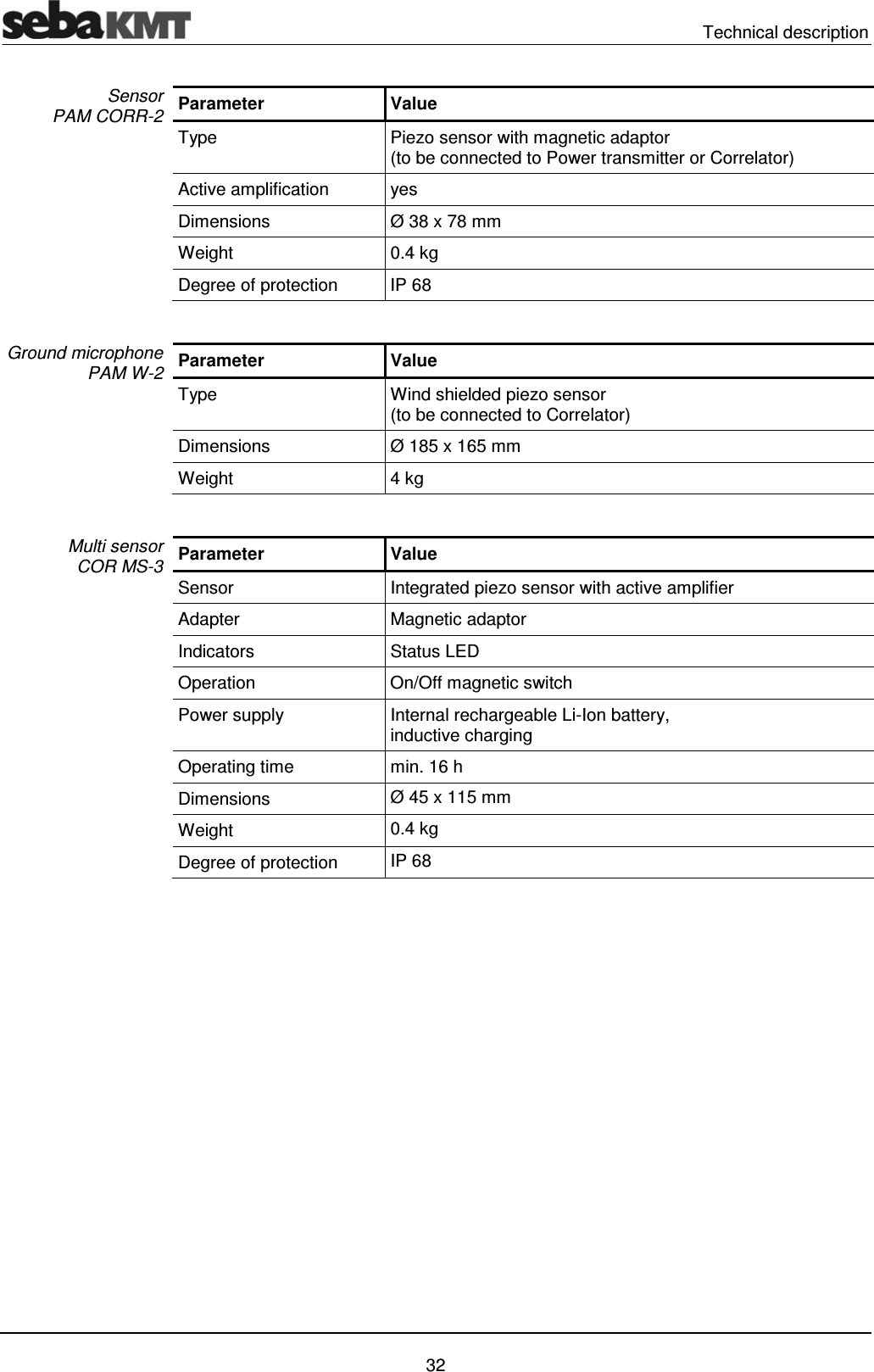  Technical description   32 Parameter Value Type  Piezo sensor with magnetic adaptor  (to be connected to Power transmitter or Correlator) Active amplification  yes Dimensions  &Oslash; 38 x 78 mm Weight 0.4 kg Degree of protection  IP 68  Parameter Value Type  Wind shielded piezo sensor (to be connected to Correlator) Dimensions  &Oslash; 185 x 165 mm Weight 4 kg  Parameter Value Sensor  Integrated piezo sensor with active amplifier Adapter Magnetic adaptor Indicators Status LED Operation On/Off magnetic switch Power supply  Internal rechargeable Li-Ion battery,  inductive charging Operating time  min. 16 h Dimensions   &Oslash; 45 x 115 mm  Weight   0.4 kg Degree of protection  IP 68   Sensor  PAM CORR-2 Ground microphone PAM W-2 Multi sensor  COR MS-3 