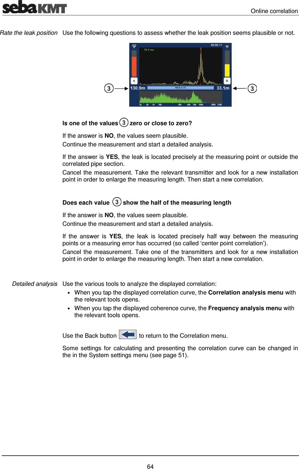  Online correlation   64 Use the following questions to assess whether the leak position seems plausible or not.  Is one of the values  zero or close to zero? If the answer is NO, the values seem plausible. Continue the measurement and start a detailed analysis. If the answer is YES, the leak is located precisely at the measuring point or outside the correlated pipe section. Cancel the measurement. Take the relevant transmitter and look for a new installation point in order to enlarge the measuring length. Then start a new correlation.  Does each value   show the half of the measuring length If the answer is NO, the values seem plausible. Continue the measurement and start a detailed analysis. If the answer is YES, the leak is located precisely half way between the measuring points or a measuring error has occurred (so called &lsquo;center point correlation&rsquo;). Cancel the measurement. Take one of the transmitters and look for a new installation point in order to enlarge the measuring length. Then start a new correlation.  Use the various tools to analyze the displayed correlation:  &bull; When you tap the displayed correlation curve, the Correlation analysis menu with the relevant tools opens.  &bull; When you tap the displayed coherence curve, the Frequency analysis menu with the relevant tools opens.   Use the Back button   to return to the Correlation menu.  Some settings for calculating and presenting the correlation curve can be changed in the in the System settings menu (see page 51).  Rate the leak position Detailed analysis 