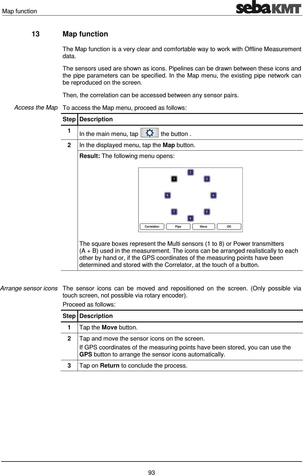 Map function    93 13 Map function The Map function is a very clear and comfortable way to work with Offline Measurement data.  The sensors used are shown as icons. Pipelines can be drawn between these icons and the pipe parameters can be specified. In the Map menu, the existing pipe network can be reproduced on the screen.  Then, the correlation can be accessed between any sensor pairs.  To access the Map menu, proceed as follows: Step Description 1  In the main menu, tap   the button . 2  In the displayed menu, tap the Map button.  Result: The following menu opens:  The square boxes represent the Multi sensors (1 to 8) or Power transmitters (A + B) used in the measurement. The icons can be arranged realistically to each other by hand or, if the GPS coordinates of the measuring points have been determined and stored with the Correlator, at the touch of a button.  The sensor icons can be moved and repositioned on the screen. (Only possible via touch screen, not possible via rotary encoder). Proceed as follows: Step Description 1  Tap the Move button. 2  Tap and move the sensor icons on the screen.  If GPS coordinates of the measuring points have been stored, you can use the GPS button to arrange the sensor icons automatically. 3  Tap on Return to conclude the process.  Access the Map Arrange sensor icons 