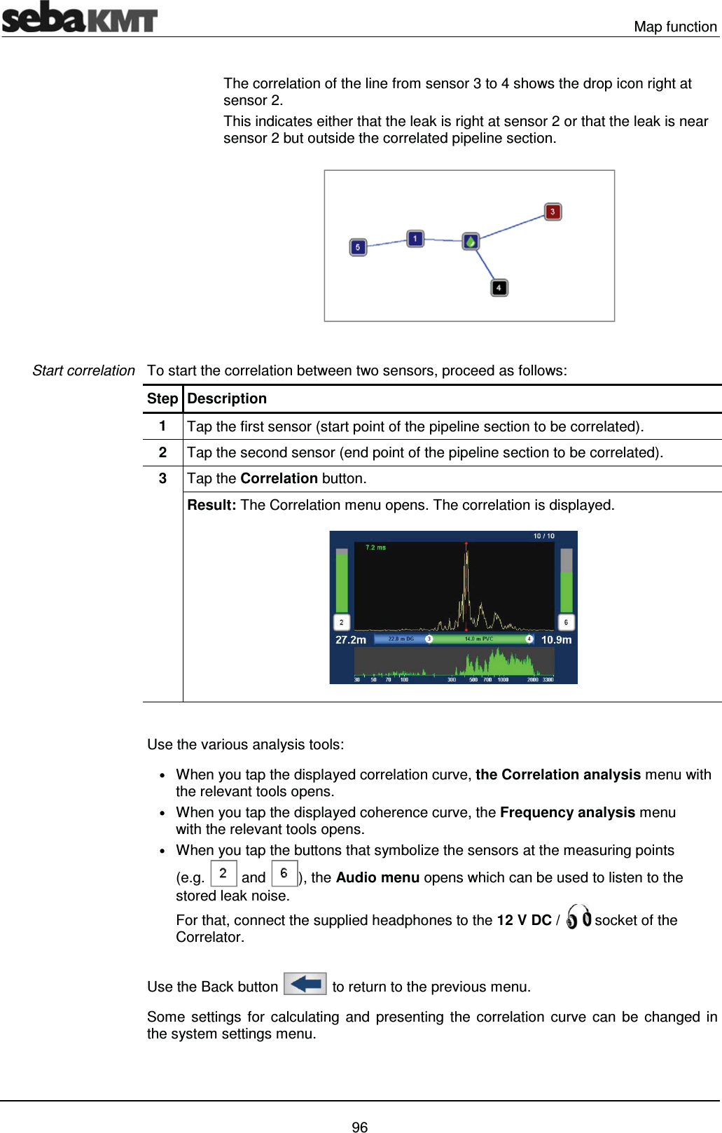  Map function   96   The correlation of the line from sensor 3 to 4 shows the drop icon right at sensor 2.  This indicates either that the leak is right at sensor 2 or that the leak is near sensor 2 but outside the correlated pipeline section.    To start the correlation between two sensors, proceed as follows:  Step Description 1  Tap the first sensor (start point of the pipeline section to be correlated). 2  Tap the second sensor (end point of the pipeline section to be correlated). 3  Tap the Correlation button. Result: The Correlation menu opens. The correlation is displayed.   Use the various analysis tools: &bull; When you tap the displayed correlation curve, the Correlation analysis menu with the relevant tools opens.  &bull; When you tap the displayed coherence curve, the Frequency analysis menu  with the relevant tools opens.  &bull; When you tap the buttons that symbolize the sensors at the measuring points (e.g.  and ), the Audio menu opens which can be used to listen to the stored leak noise.  For that, connect the supplied headphones to the 12 V DC /   socket of the Correlator.   Use the Back button   to return to the previous menu.  Some settings for calculating and presenting the correlation curve can be changed in the system settings menu.  Start correlation 