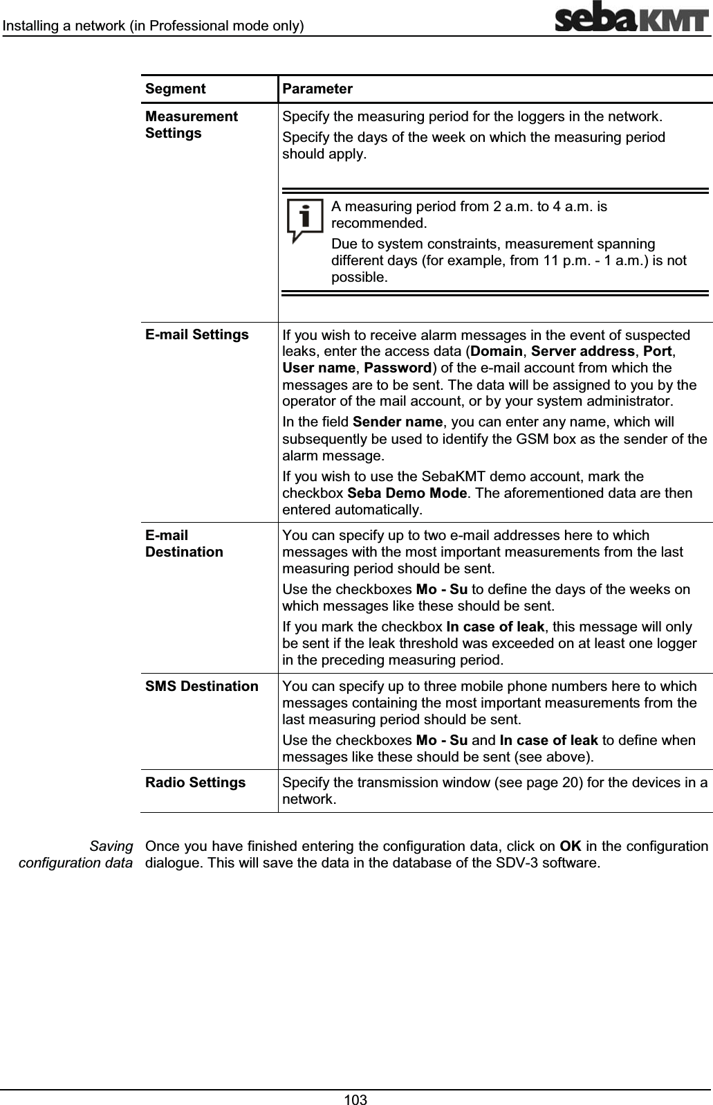 ,QVWDOOLQJDQHWZRUNLQ3URIHVVLRQDOPRGHRQO\ 6HJPHQW 3DUDPHWHU0HDVXUHPHQW6HWWLQJV6SHFLI\WKHPHDVXULQJSHULRGIRUWKHORJJHUVLQWKHQHWZRUN6SHFLI\WKHGD\VRIWKHZHHNRQZKLFKWKHPHDVXULQJSHULRGVKRXOGDSSO\$PHDVXULQJSHULRGIURPDPWRDPLVUHFRPPHQGHG'XHWRV\VWHPFRQVWUDLQWVPHDVXUHPHQWVSDQQLQJGLIIHUHQWGD\VIRUH[DPSOHIURPSPDPLVQRWSRVVLEOH(PDLO6HWWLQJV,I\RXZLVKWRUHFHLYHDODUPPHVVDJHVLQWKHHYHQWRIVXVSHFWHGOHDNVHQWHUWKHDFFHVVGDWD'RPDLQ6HUYHUDGGUHVV3RUW8VHUQDPH3DVVZRUGRIWKHHPDLODFFRXQWIURPZKLFKWKHPHVVDJHVDUHWREHVHQW7KHGDWDZLOOEHDVVLJQHGWR\RXE\WKHRSHUDWRURIWKHPDLODFFRXQWRUE\\RXUV\VWHPDGPLQLVWUDWRU,QWKHILHOG6HQGHUQDPH\RXFDQHQWHUDQ\QDPHZKLFKZLOOVXEVHTXHQWO\EHXVHGWRLGHQWLI\WKH*60ER[DVWKHVHQGHURIWKHDODUPPHVVDJH,I\RXZLVKWRXVHWKH6HED.07GHPRDFFRXQWPDUNWKHFKHFNER[6HED'HPR0RGH7KHDIRUHPHQWLRQHGGDWDDUHWKHQHQWHUHGDXWRPDWLFDOO\(PDLO'HVWLQDWLRQ<RXFDQVSHFLI\XSWRWZRHPDLODGGUHVVHVKHUHWRZKLFKPHVVDJHVZLWKWKHPRVWLPSRUWDQWPHDVXUHPHQWVIURPWKHODVWPHDVXULQJSHULRGVKRXOGEHVHQW8VHWKHFKHFNER[HV0R6XWRGHILQHWKHGD\VRIWKHZHHNVRQZKLFKPHVVDJHVOLNHWKHVHVKRXOGEHVHQW,I\RXPDUNWKHFKHFNER[,QFDVHRIOHDNWKLVPHVVDJHZLOORQO\EHVHQWLIWKHOHDNWKUHVKROGZDVH[FHHGHGRQDWOHDVWRQHORJJHULQWKHSUHFHGLQJPHDVXULQJSHULRG606'HVWLQDWLRQ<RXFDQVSHFLI\XSWRWKUHHPRELOHSKRQHQXPEHUVKHUHWRZKLFKPHVVDJHVFRQWDLQLQJWKHPRVWLPSRUWDQWPHDVXUHPHQWVIURPWKHODVWPHDVXULQJSHULRGVKRXOGEHVHQW8VHWKHFKHFNER[HV0R6XDQG,QFDVHRIOHDNWRGHILQHZKHQPHVVDJHVOLNHWKHVHVKRXOGEHVHQWVHHDERYH5DGLR6HWWLQJV6SHFLI\WKHWUDQVPLVVLRQZLQGRZVHHSDJHIRUWKHGHYLFHVLQDQHWZRUN2QFH\RXKDYHILQLVKHGHQWHULQJWKHFRQILJXUDWLRQGDWDFOLFNRQ2.LQWKHFRQILJXUDWLRQGLDORJXH7KLVZLOOVDYHWKHGDWDLQWKHGDWDEDVHRIWKH6'9VRIWZDUH6DYLQJFRQILJXUDWLRQGDWD