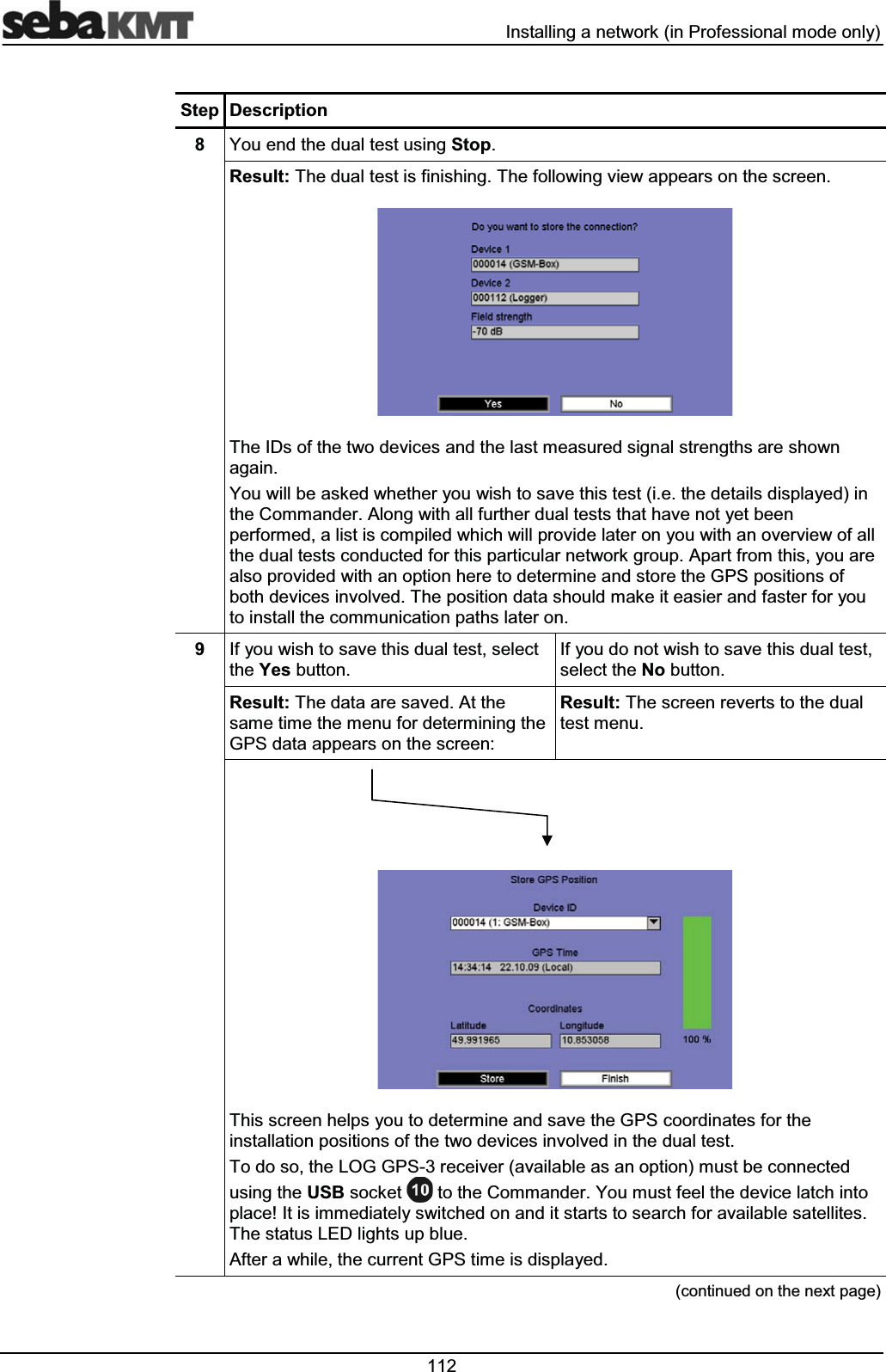  ,QVWDOOLQJDQHWZRUNLQ3URIHVVLRQDOPRGHRQO\6WHS 'HVFULSWLRQ <RXHQGWKHGXDOWHVWXVLQJ6WRS5HVXOW7KHGXDOWHVWLVILQLVKLQJ7KHIROORZLQJYLHZDSSHDUVRQWKHVFUHHQ7KH,'VRIWKHWZRGHYLFHVDQGWKHODVWPHDVXUHGVLJQDOVWUHQJWKVDUHVKRZQDJDLQ<RXZLOOEHDVNHGZKHWKHU\RXZLVKWRVDYHWKLVWHVWLHWKHGHWDLOVGLVSOD\HGLQWKH&RPPDQGHU$ORQJZLWKDOOIXUWKHUGXDOWHVWVWKDWKDYHQRW\HWEHHQSHUIRUPHGDOLVWLVFRPSLOHGZKLFKZLOOSURYLGHODWHURQ\RXZLWKDQRYHUYLHZRIDOOWKHGXDOWHVWVFRQGXFWHGIRUWKLVSDUWLFXODUQHWZRUNJURXS$SDUWIURPWKLV\RXDUHDOVRSURYLGHGZLWKDQRSWLRQKHUHWRGHWHUPLQHDQGVWRUHWKH*36SRVLWLRQVRIERWKGHYLFHVLQYROYHG7KHSRVLWLRQGDWDVKRXOGPDNHLWHDVLHUDQGIDVWHUIRU\RXWRLQVWDOOWKHFRPPXQLFDWLRQSDWKVODWHURQ ,I\RXZLVKWRVDYHWKLVGXDOWHVWVHOHFWWKH<HVEXWWRQ,I\RXGRQRWZLVKWRVDYHWKLVGXDOWHVWVHOHFWWKH1REXWWRQ5HVXOW7KHGDWDDUHVDYHG$WWKHVDPHWLPHWKHPHQXIRUGHWHUPLQLQJWKH*36GDWDDSSHDUVRQWKHVFUHHQ5HVXOW7KHVFUHHQUHYHUWVWRWKHGXDOWHVWPHQX7KLVVFUHHQKHOSV\RXWRGHWHUPLQHDQGVDYHWKH*36FRRUGLQDWHVIRUWKHLQVWDOODWLRQSRVLWLRQVRIWKHWZRGHYLFHVLQYROYHGLQWKHGXDOWHVW7RGRVRWKH/2**36UHFHLYHUDYDLODEOHDVDQRSWLRQPXVWEHFRQQHFWHGXVLQJWKH86%VRFNHW WRWKH&RPPDQGHU<RXPXVWIHHOWKHGHYLFHODWFKLQWRSODFH,WLVLPPHGLDWHO\VZLWFKHGRQDQGLWVWDUWVWRVHDUFKIRUDYDLODEOHVDWHOOLWHV7KHVWDWXV/('OLJKWVXSEOXH$IWHUDZKLOHWKHFXUUHQW*36WLPHLVGLVSOD\HGFRQWLQXHGRQWKHQH[WSDJH