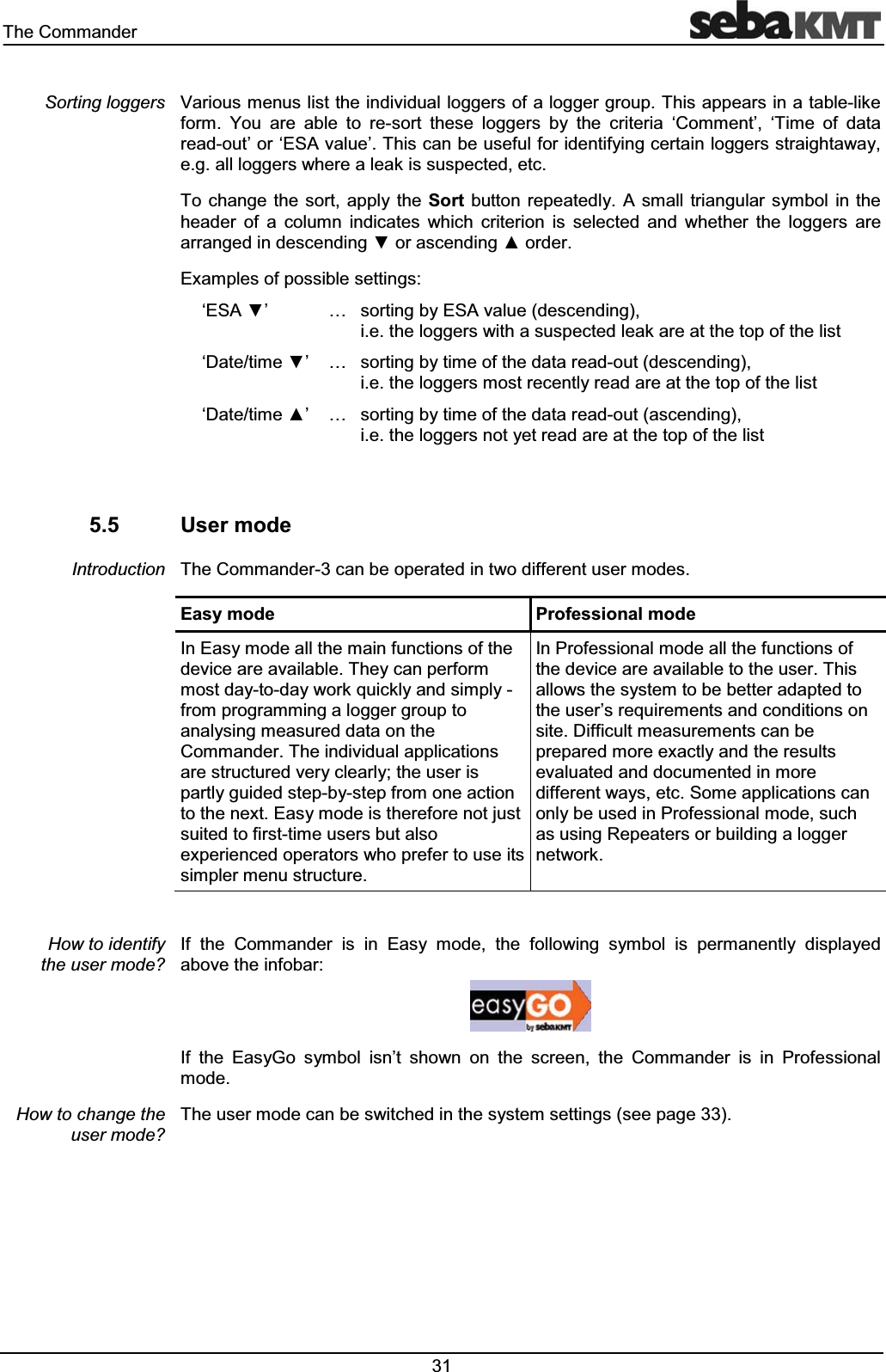 7KH&RPPDQGHU 9DULRXVPHQXVOLVWWKHLQGLYLGXDOORJJHUVRIDORJJHUJURXS7KLVDSSHDUVLQDWDEOHOLNHIRUP <RX DUH DEOH WR UHVRUW WKHVH ORJJHUV E\ WKH FULWHULD µ&RPPHQW¶ µ7LPH RI GDWDUHDGRXW¶RUµ(6$YDOXH¶7KLVFDQEHXVHIXOIRULGHQWLI\LQJFHUWDLQORJJHUVVWUDLJKWDZD\HJDOOORJJHUVZKHUHDOHDNLVVXVSHFWHGHWF7R FKDQJH WKH VRUW DSSO\ WKH 6RUW EXWWRQ UHSHDWHGO\ $ VPDOO WULDQJXODU V\PERO LQ WKHKHDGHU RI D FROXPQ LQGLFDWHV ZKLFK FULWHULRQ LV VHOHFWHG DQG ZKHWKHU WKH ORJJHUV DUHDUUDQJHGLQGHVFHQGLQJźRUDVFHQGLQJŸRUGHU([DPSOHVRISRVVLEOHVHWWLQJVµ(6$ź¶ « VRUWLQJE\(6$YDOXHGHVFHQGLQJLHWKHORJJHUVZLWKDVXVSHFWHGOHDNDUHDWWKHWRSRIWKHOLVWµ'DWHWLPHź¶ « VRUWLQJE\WLPHRIWKHGDWDUHDGRXWGHVFHQGLQJLHWKHORJJHUVPRVWUHFHQWO\UHDGDUHDWWKHWRSRIWKHOLVWµ'DWHWLPHŸ¶ « VRUWLQJE\WLPHRIWKHGDWDUHDGRXWDVFHQGLQJLHWKHORJJHUVQRW\HWUHDGDUHDWWKHWRSRIWKHOLVW 8VHUPRGH7KH&RPPDQGHUFDQEHRSHUDWHGLQWZRGLIIHUHQWXVHUPRGHV(DV\PRGH 3URIHVVLRQDOPRGH,Q(DV\PRGHDOOWKHPDLQIXQFWLRQVRIWKHGHYLFHDUHDYDLODEOH7KH\FDQSHUIRUPPRVWGD\WRGD\ZRUNTXLFNO\DQGVLPSO\IURPSURJUDPPLQJDORJJHUJURXSWRDQDO\VLQJPHDVXUHGGDWDRQWKH&RPPDQGHU7KHLQGLYLGXDODSSOLFDWLRQVDUHVWUXFWXUHGYHU\FOHDUO\WKHXVHULVSDUWO\JXLGHGVWHSE\VWHSIURPRQHDFWLRQWRWKHQH[W(DV\PRGHLVWKHUHIRUHQRWMXVWVXLWHGWRILUVWWLPHXVHUVEXWDOVRH[SHULHQFHGRSHUDWRUVZKRSUHIHUWRXVHLWVVLPSOHUPHQXVWUXFWXUH,Q3URIHVVLRQDOPRGHDOOWKHIXQFWLRQVRIWKHGHYLFHDUHDYDLODEOHWRWKHXVHU7KLVDOORZVWKHV\VWHPWREHEHWWHUDGDSWHGWRWKHXVHU¶VUHTXLUHPHQWVDQGFRQGLWLRQVRQVLWH'LIILFXOWPHDVXUHPHQWVFDQEHSUHSDUHGPRUHH[DFWO\DQGWKHUHVXOWVHYDOXDWHGDQGGRFXPHQWHGLQPRUHGLIIHUHQWZD\VHWF6RPHDSSOLFDWLRQVFDQRQO\EHXVHGLQ3URIHVVLRQDOPRGHVXFKDVXVLQJ5HSHDWHUVRUEXLOGLQJDORJJHUQHWZRUN,I WKH &RPPDQGHU LV LQ (DV\ PRGH WKH IROORZLQJ V\PERO LV SHUPDQHQWO\ GLVSOD\HGDERYHWKHLQIREDU,I WKH (DV\*R V\PERO LVQ¶W VKRZQ RQ WKH VFUHHQ WKH &RPPDQGHU LV LQ 3URIHVVLRQDOPRGH7KHXVHUPRGHFDQEHVZLWFKHGLQWKHV\VWHPVHWWLQJVVHHSDJH6RUWLQJORJJHUV,QWURGXFWLRQ+RZWRLGHQWLI\WKHXVHUPRGH"+RZWRFKDQJHWKHXVHUPRGH"