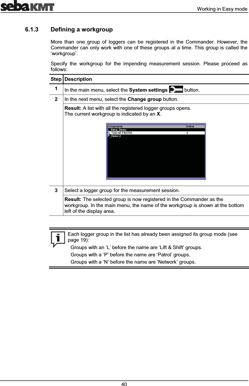  :RUNLQJLQ(DV\PRGH 'HILQLQJDZRUNJURXS0RUH WKDQ RQH JURXS RI ORJJHUV FDQ EH UHJLVWHUHG LQ WKH &RPPDQGHU +RZHYHU WKH&RPPDQGHUFDQRQO\ZRUNZLWKRQHRIWKHVHJURXSVDWDWLPH7KLVJURXSLVFDOOHGWKHµZRUNJURXS¶6SHFLI\ WKH ZRUNJURXS IRU WKH LPSHQGLQJ PHDVXUHPHQW VHVVLRQ 3OHDVH SURFHHG DVIROORZV6WHS 'HVFULSWLRQ ,QWKHPDLQPHQXVHOHFWWKH6\VWHPVHWWLQJV EXWWRQ ,QWKHQH[WPHQXVHOHFWWKH&KDQJHJURXSEXWWRQ5HVXOW$OLVWZLWKDOOWKHUHJLVWHUHGORJJHUJURXSVRSHQV7KHFXUUHQWZRUNJURXSLVLQGLFDWHGE\DQ; 6HOHFWDORJJHUJURXSIRUWKHPHDVXUHPHQWVHVVLRQ5HVXOW7KHVHOHFWHGJURXSLVQRZUHJLVWHUHGLQWKH&RPPDQGHUDVWKHZRUNJURXS,QWKHPDLQPHQXWKHQDPHRIWKHZRUNJURXSLVVKRZQDWWKHERWWRPOHIWRIWKHGLVSOD\DUHD(DFKORJJHUJURXSLQWKHOLVWKDVDOUHDG\EHHQDVVLJQHGLWVJURXSPRGHVHHSDJH*URXSVZLWKDQµ/¶EHIRUHWKHQDPHDUHµ/LIW6KLIW¶JURXSV*URXSVZLWKDµ3¶EHIRUHWKHQDPHDUHµ3DWURO¶JURXSV*URXSVZLWKDµ1¶EHIRUHWKHQDPHDUHµ1HWZRUN¶JURXSV