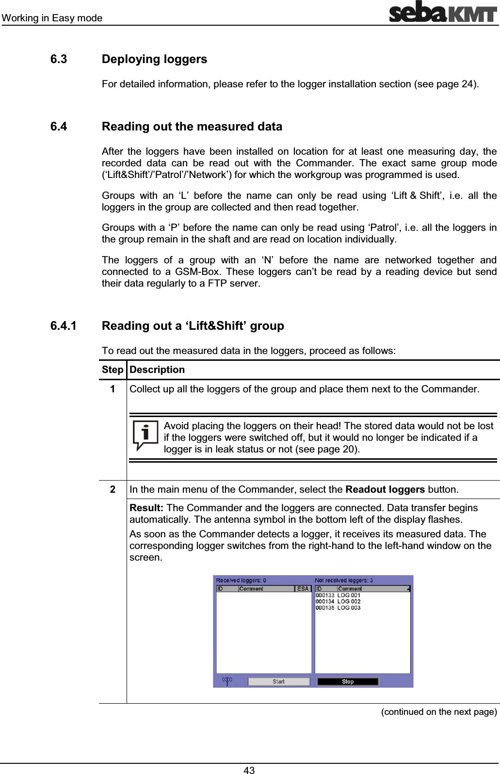 :RUNLQJLQ(DV\PRGH 'HSOR\LQJORJJHUV)RUGHWDLOHGLQIRUPDWLRQSOHDVHUHIHUWRWKHORJJHULQVWDOODWLRQVHFWLRQVHHSDJH 5HDGLQJRXWWKHPHDVXUHGGDWD$IWHU WKH ORJJHUV KDYH EHHQ LQVWDOOHG RQ ORFDWLRQ IRU DW OHDVW RQH PHDVXULQJ GD\ WKHUHFRUGHG GDWD FDQ EH UHDG RXW ZLWK WKH &RPPDQGHU 7KH H[DFW VDPH JURXS PRGHµ/LIW6KLIW¶¶3DWURO¶¶1HWZRUN¶IRUZKLFKWKHZRUNJURXSZDVSURJUDPPHGLVXVHG*URXSV ZLWK DQ µ/¶ EHIRUH WKH QDPH FDQ RQO\ EH UHDG XVLQJ µ/LIW6KLIW¶ LH DOO WKHORJJHUVLQWKHJURXSDUHFROOHFWHGDQGWKHQUHDGWRJHWKHU*URXSVZLWKDµ3¶EHIRUHWKHQDPHFDQRQO\EHUHDGXVLQJµ3DWURO¶LHDOOWKHORJJHUVLQWKHJURXSUHPDLQLQWKHVKDIWDQGDUHUHDGRQORFDWLRQLQGLYLGXDOO\7KH ORJJHUV RI D JURXS ZLWK DQ µ1¶ EHIRUH WKH QDPH DUH QHWZRUNHG WRJHWKHU DQGFRQQHFWHG WR D *60%R[ 7KHVH ORJJHUV FDQ¶W EH UHDG E\ D UHDGLQJ GHYLFH EXW VHQGWKHLUGDWDUHJXODUO\WRD)73VHUYHU 5HDGLQJRXWDµ/LIW6KLIW¶JURXS7RUHDGRXWWKHPHDVXUHGGDWDLQWKHORJJHUVSURFHHGDVIROORZV6WHS 'HVFULSWLRQ &ROOHFWXSDOOWKHORJJHUVRIWKHJURXSDQGSODFHWKHPQH[WWRWKH&RPPDQGHU$YRLGSODFLQJWKHORJJHUVRQWKHLUKHDG7KHVWRUHGGDWDZRXOGQRWEHORVWLIWKHORJJHUVZHUHVZLWFKHGRIIEXWLWZRXOGQRORQJHUEHLQGLFDWHGLIDORJJHULVLQOHDNVWDWXVRUQRWVHHSDJH ,QWKHPDLQPHQXRIWKH&RPPDQGHUVHOHFWWKH5HDGRXWORJJHUVEXWWRQ5HVXOW7KH&RPPDQGHUDQGWKHORJJHUVDUHFRQQHFWHG'DWDWUDQVIHUEHJLQVDXWRPDWLFDOO\7KHDQWHQQDV\PEROLQWKHERWWRPOHIWRIWKHGLVSOD\IODVKHV$VVRRQDVWKH&RPPDQGHUGHWHFWVDORJJHULWUHFHLYHVLWVPHDVXUHGGDWD7KHFRUUHVSRQGLQJORJJHUVZLWFKHVIURPWKHULJKWKDQGWRWKHOHIWKDQGZLQGRZRQWKHVFUHHQFRQWLQXHGRQWKHQH[WSDJH