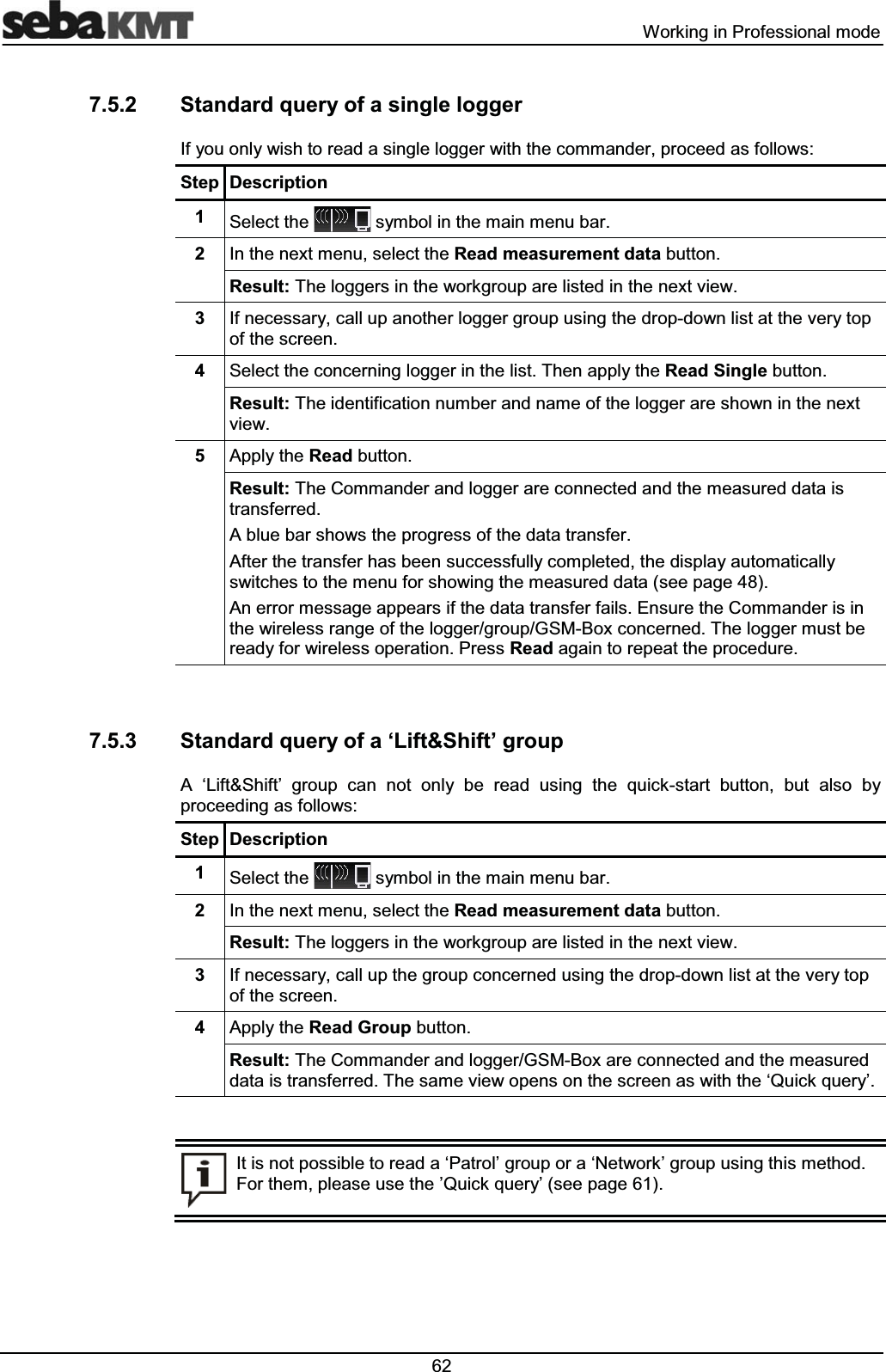  :RUNLQJLQ3URIHVVLRQDOPRGH 6WDQGDUGTXHU\RIDVLQJOHORJJHU,I\RXRQO\ZLVKWRUHDGDVLQJOHORJJHUZLWKWKHFRPPDQGHUSURFHHGDVIROORZV6WHS 'HVFULSWLRQ 6HOHFWWKH V\PEROLQWKHPDLQPHQXEDU ,QWKHQH[WPHQXVHOHFWWKH5HDGPHDVXUHPHQWGDWDEXWWRQ5HVXOW7KHORJJHUVLQWKHZRUNJURXSDUHOLVWHGLQWKHQH[WYLHZ ,IQHFHVVDU\FDOOXSDQRWKHUORJJHUJURXSXVLQJWKHGURSGRZQOLVWDWWKHYHU\WRSRIWKHVFUHHQ 6HOHFWWKHFRQFHUQLQJORJJHULQWKHOLVW7KHQDSSO\WKH5HDG6LQJOHEXWWRQ5HVXOW7KHLGHQWLILFDWLRQQXPEHUDQGQDPHRIWKHORJJHUDUHVKRZQLQWKHQH[WYLHZ $SSO\WKH5HDGEXWWRQ5HVXOW7KH&RPPDQGHUDQGORJJHUDUHFRQQHFWHGDQGWKHPHDVXUHGGDWDLVWUDQVIHUUHG$EOXHEDUVKRZVWKHSURJUHVVRIWKHGDWDWUDQVIHU$IWHUWKHWUDQVIHUKDVEHHQVXFFHVVIXOO\FRPSOHWHGWKHGLVSOD\DXWRPDWLFDOO\VZLWFKHVWRWKHPHQXIRUVKRZLQJWKHPHDVXUHGGDWDVHHSDJH$QHUURUPHVVDJHDSSHDUVLIWKHGDWDWUDQVIHUIDLOV(QVXUHWKH&RPPDQGHULVLQWKHZLUHOHVVUDQJHRIWKHORJJHUJURXS*60%R[FRQFHUQHG7KHORJJHUPXVWEHUHDG\IRUZLUHOHVVRSHUDWLRQ3UHVV5HDGDJDLQWRUHSHDWWKHSURFHGXUH 6WDQGDUGTXHU\RIDµ/LIW6KLIW¶JURXS$ µ/LIW6KLIW¶ JURXS FDQ QRW RQO\ EH UHDG XVLQJ WKH TXLFNVWDUW EXWWRQ EXW DOVR E\SURFHHGLQJDVIROORZV6WHS 'HVFULSWLRQ 6HOHFWWKH V\PEROLQWKHPDLQPHQXEDU ,QWKHQH[WPHQXVHOHFWWKH5HDGPHDVXUHPHQWGDWDEXWWRQ5HVXOW7KHORJJHUVLQWKHZRUNJURXSDUHOLVWHGLQWKHQH[WYLHZ ,IQHFHVVDU\FDOOXSWKHJURXSFRQFHUQHGXVLQJWKHGURSGRZQOLVWDWWKHYHU\WRSRIWKHVFUHHQ $SSO\WKH5HDG*URXSEXWWRQ5HVXOW7KH&RPPDQGHUDQGORJJHU*60%R[DUHFRQQHFWHGDQGWKHPHDVXUHGGDWDLVWUDQVIHUUHG7KHVDPHYLHZRSHQVRQWKHVFUHHQDVZLWKWKHµ4XLFNTXHU\¶,WLVQRWSRVVLEOHWRUHDGDµ3DWURO¶JURXSRUDµ1HWZRUN¶JURXSXVLQJWKLVPHWKRG)RUWKHPSOHDVHXVHWKH¶4XLFNTXHU\¶VHHSDJH