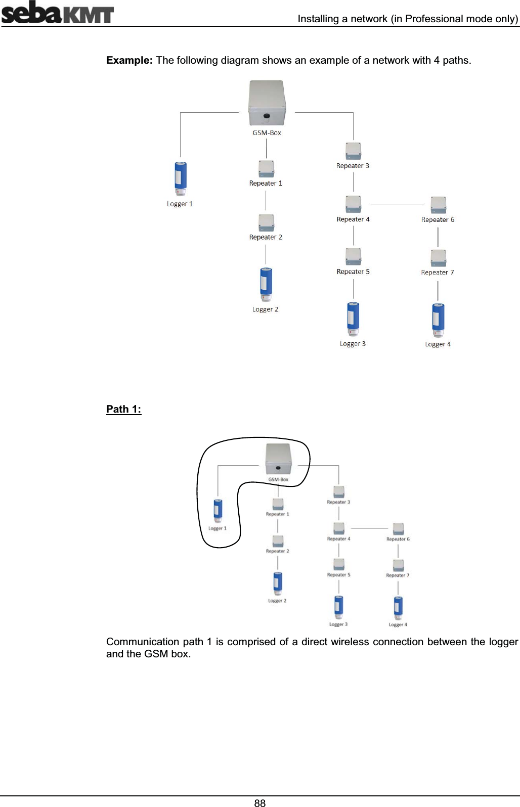  ,QVWDOOLQJDQHWZRUNLQ3URIHVVLRQDOPRGHRQO\([DPSOH7KHIROORZLQJGLDJUDPVKRZVDQH[DPSOHRIDQHWZRUNZLWKSDWKV3DWK&RPPXQLFDWLRQSDWKLVFRPSULVHGRIDGLUHFWZLUHOHVVFRQQHFWLRQEHWZHHQWKHORJJHUDQGWKH*60ER[