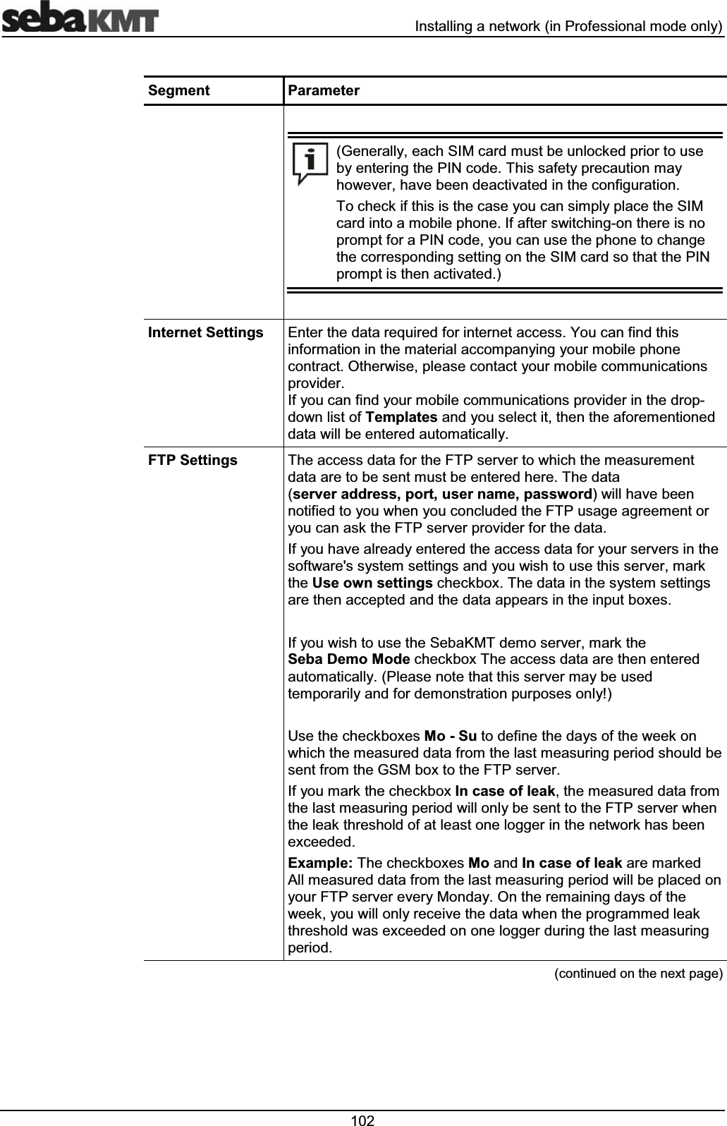  ,QVWDOOLQJDQHWZRUNLQ3URIHVVLRQDOPRGHRQO\6HJPHQW 3DUDPHWHU*HQHUDOO\HDFK6,0FDUGPXVWEHXQORFNHGSULRUWRXVHE\HQWHULQJWKH3,1FRGH7KLVVDIHW\SUHFDXWLRQPD\KRZHYHUKDYHEHHQGHDFWLYDWHGLQWKHFRQILJXUDWLRQ7RFKHFNLIWKLVLVWKHFDVH\RXFDQVLPSO\SODFHWKH6,0FDUGLQWRDPRELOHSKRQH,IDIWHUVZLWFKLQJRQWKHUHLVQRSURPSWIRUD3,1FRGH\RXFDQXVHWKHSKRQHWRFKDQJHWKHFRUUHVSRQGLQJVHWWLQJRQWKH6,0FDUGVRWKDWWKH3,1SURPSWLVWKHQDFWLYDWHG,QWHUQHW6HWWLQJV(QWHUWKHGDWDUHTXLUHGIRULQWHUQHWDFFHVV<RXFDQILQGWKLVLQIRUPDWLRQLQWKHPDWHULDODFFRPSDQ\LQJ\RXUPRELOHSKRQHFRQWUDFW2WKHUZLVHSOHDVHFRQWDFW\RXUPRELOHFRPPXQLFDWLRQVSURYLGHU,I\RXFDQILQG\RXUPRELOHFRPPXQLFDWLRQVSURYLGHULQWKHGURSGRZQOLVWRI7HPSODWHVDQG\RXVHOHFWLWWKHQWKHDIRUHPHQWLRQHGGDWDZLOOEHHQWHUHGDXWRPDWLFDOO\)736HWWLQJV 7KHDFFHVVGDWDIRUWKH)73VHUYHUWRZKLFKWKHPHDVXUHPHQWGDWDDUHWREHVHQWPXVWEHHQWHUHGKHUH7KHGDWDVHUYHUDGGUHVVSRUWXVHUQDPHSDVVZRUGZLOOKDYHEHHQQRWLILHGWR\RXZKHQ\RXFRQFOXGHGWKH)73XVDJHDJUHHPHQWRU\RXFDQDVNWKH)73VHUYHUSURYLGHUIRUWKHGDWD,I\RXKDYHDOUHDG\HQWHUHGWKHDFFHVVGDWDIRU\RXUVHUYHUVLQWKHVRIWZDUHVV\VWHPVHWWLQJVDQG\RXZLVKWRXVHWKLVVHUYHUPDUNWKH8VHRZQVHWWLQJVFKHFNER[7KHGDWDLQWKHV\VWHPVHWWLQJVDUHWKHQDFFHSWHGDQGWKHGDWDDSSHDUVLQWKHLQSXWER[HV,I\RXZLVKWRXVHWKH6HED.07GHPRVHUYHUPDUNWKH6HED'HPR0RGHFKHFNER[7KHDFFHVVGDWDDUHWKHQHQWHUHGDXWRPDWLFDOO\3OHDVHQRWHWKDWWKLVVHUYHUPD\EHXVHGWHPSRUDULO\DQGIRUGHPRQVWUDWLRQSXUSRVHVRQO\8VHWKHFKHFNER[HV0R6XWRGHILQHWKHGD\VRIWKHZHHNRQZKLFKWKHPHDVXUHGGDWDIURPWKHODVWPHDVXULQJSHULRGVKRXOGEHVHQWIURPWKH*60ER[WRWKH)73VHUYHU,I\RXPDUNWKHFKHFNER[,QFDVHRIOHDNWKHPHDVXUHGGDWDIURPWKHODVWPHDVXULQJSHULRGZLOORQO\EHVHQWWRWKH)73VHUYHUZKHQWKHOHDNWKUHVKROGRIDWOHDVWRQHORJJHULQWKHQHWZRUNKDVEHHQH[FHHGHG([DPSOH7KHFKHFNER[HV0RDQG,QFDVHRIOHDNDUHPDUNHG$OOPHDVXUHGGDWDIURPWKHODVWPHDVXULQJSHULRGZLOOEHSODFHGRQ\RXU)73VHUYHUHYHU\0RQGD\2QWKHUHPDLQLQJGD\VRIWKHZHHN\RXZLOORQO\UHFHLYHWKHGDWDZKHQWKHSURJUDPPHGOHDNWKUHVKROGZDVH[FHHGHGRQRQHORJJHUGXULQJWKHODVWPHDVXULQJSHULRGFRQWLQXHGRQWKHQH[WSDJH