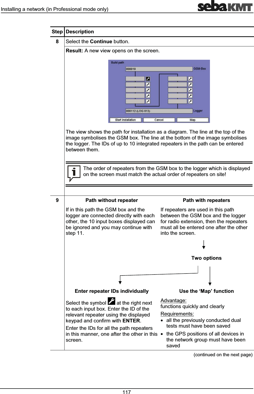 ,QVWDOOLQJDQHWZRUNLQ3URIHVVLRQDOPRGHRQO\ 6WHS 'HVFULSWLRQ 6HOHFWWKH&RQWLQXHEXWWRQ5HVXOW$QHZYLHZRSHQVRQWKHVFUHHQ7KHYLHZVKRZVWKHSDWKIRULQVWDOODWLRQDVDGLDJUDP7KHOLQHDWWKHWRSRIWKHLPDJHV\PEROLVHVWKH*60ER[7KHOLQHDWWKHERWWRPRIWKHLPDJHV\PEROLVHVWKHORJJHU7KH,'VRIXSWRLQWHJUDWHGUHSHDWHUVLQWKHSDWKFDQEHHQWHUHGEHWZHHQWKHP7KHRUGHURIUHSHDWHUVIURPWKH*60ER[WRWKHORJJHUZKLFKLVGLVSOD\HGRQWKHVFUHHQPXVWPDWFKWKHDFWXDORUGHURIUHSHDWHUVRQVLWH 3DWKZLWKRXWUHSHDWHU 3DWKZLWKUHSHDWHUV,ILQWKLVSDWKWKH*60ER[DQGWKHORJJHUDUHFRQQHFWHGGLUHFWO\ZLWKHDFKRWKHUWKHLQSXWER[HVGLVSOD\HGFDQEHLJQRUHGDQG\RXPD\FRQWLQXHZLWKVWHS,IUHSHDWHUVDUHXVHGLQWKLVSDWKEHWZHHQWKH*60ER[DQGWKHORJJHUIRUUDGLRH[WHQVLRQWKHQWKHUHSHDWHUVPXVWDOOEHHQWHUHGRQHDIWHUWKHRWKHULQWRWKHVFUHHQ7ZRRSWLRQV(QWHUUHSHDWHU,'VLQGLYLGXDOO\ 8VHWKHµ0DS¶IXQFWLRQ6HOHFWWKHV\PERO DWWKHULJKWQH[WWRHDFKLQSXWER[(QWHUWKH,'RIWKHUHOHYDQWUHSHDWHUXVLQJWKHGLVSOD\HGNH\SDGDQGFRQILUPZLWK(17(5(QWHUWKH,'VIRUDOOWKHSDWKUHSHDWHUVLQWKLVPDQQHURQHDIWHUWKHRWKHULQWKLVVFUHHQ$GYDQWDJHIXQFWLRQVTXLFNO\DQGFOHDUO\5HTXLUHPHQWVx DOOWKHSUHYLRXVO\FRQGXFWHGGXDOWHVWVPXVWKDYHEHHQVDYHGx WKH*36SRVLWLRQVRIDOOGHYLFHVLQWKHQHWZRUNJURXSPXVWKDYHEHHQVDYHGFRQWLQXHGRQWKHQH[WSDJH