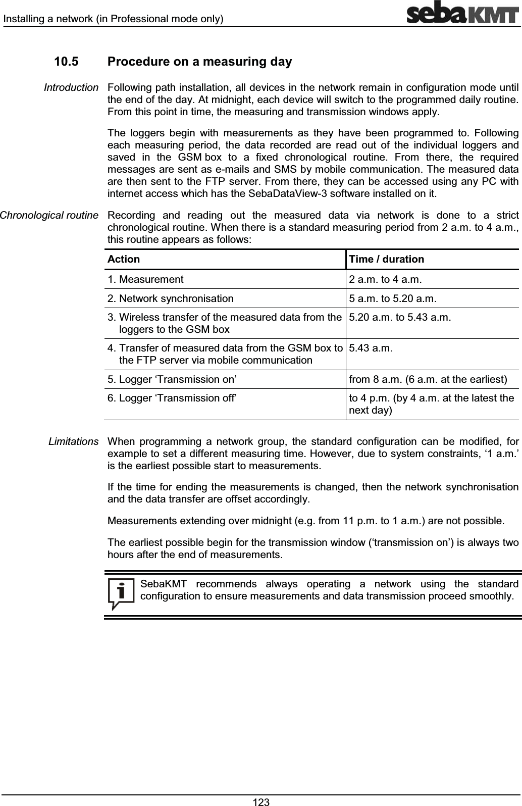 ,QVWDOOLQJDQHWZRUNLQ3URIHVVLRQDOPRGHRQO\ 3URFHGXUHRQDPHDVXULQJGD\)ROORZLQJSDWKLQVWDOODWLRQDOOGHYLFHVLQWKHQHWZRUNUHPDLQLQFRQILJXUDWLRQPRGHXQWLOWKHHQGRIWKHGD\$WPLGQLJKWHDFKGHYLFHZLOOVZLWFKWRWKHSURJUDPPHGGDLO\URXWLQH)URPWKLVSRLQWLQWLPHWKHPHDVXULQJDQGWUDQVPLVVLRQZLQGRZVDSSO\7KH ORJJHUV EHJLQ ZLWK PHDVXUHPHQWV DV WKH\ KDYH EHHQ SURJUDPPHG WR )ROORZLQJHDFK PHDVXULQJ SHULRG WKH GDWD UHFRUGHG DUH UHDG RXW RI WKH LQGLYLGXDO ORJJHUV DQGVDYHG LQ WKH *60ER[ WR D IL[HG FKURQRORJLFDO URXWLQH )URP WKHUH WKH UHTXLUHGPHVVDJHVDUHVHQWDVHPDLOVDQG606E\PRELOHFRPPXQLFDWLRQ7KHPHDVXUHGGDWDDUHWKHQVHQWWRWKH)73VHUYHU)URPWKHUHWKH\FDQEH DFFHVVHGXVLQJDQ\3&ZLWKLQWHUQHWDFFHVVZKLFKKDVWKH6HED'DWD9LHZVRIWZDUHLQVWDOOHGRQLW5HFRUGLQJ DQG UHDGLQJ RXW WKH PHDVXUHG GDWD YLD QHWZRUN LV GRQH WR D VWULFWFKURQRORJLFDOURXWLQH:KHQWKHUHLVDVWDQGDUGPHDVXULQJSHULRGIURPDPWRDPWKLVURXWLQHDSSHDUVDVIROORZV$FWLRQ 7LPHGXUDWLRQ 0HDVXUHPHQW DPWRDP 1HWZRUNV\QFKURQLVDWLRQ DPWRDP :LUHOHVVWUDQVIHURIWKHPHDVXUHGGDWDIURPWKHORJJHUVWRWKH*60ER[DPWRDP 7UDQVIHURIPHDVXUHGGDWDIURPWKH*60ER[WRWKH)73VHUYHUYLDPRELOHFRPPXQLFDWLRQDP /RJJHUµ7UDQVPLVVLRQRQ¶ IURPDPDPDWWKHHDUOLHVW /RJJHUµ7UDQVPLVVLRQRII¶ WRSPE\DPDWWKHODWHVWWKHQH[WGD\:KHQ SURJUDPPLQJ D QHWZRUN JURXS WKH VWDQGDUG FRQILJXUDWLRQ FDQ EH PRGLILHG IRUH[DPSOHWRVHWDGLIIHUHQWPHDVXULQJWLPH+RZHYHUGXHWRV\VWHPFRQVWUDLQWVµDP¶LVWKHHDUOLHVWSRVVLEOHVWDUWWRPHDVXUHPHQWV,IWKHWLPHIRUHQGLQJWKH PHDVXUHPHQWVLVFKDQJHG WKHQWKHQHWZRUNV\QFKURQLVDWLRQDQGWKHGDWDWUDQVIHUDUHRIIVHWDFFRUGLQJO\0HDVXUHPHQWVH[WHQGLQJRYHUPLGQLJKWHJIURPSPWRDPDUHQRWSRVVLEOH7KHHDUOLHVWSRVVLEOHEHJLQIRUWKHWUDQVPLVVLRQZLQGRZµWUDQVPLVVLRQRQ¶LVDOZD\VWZRKRXUVDIWHUWKHHQGRIPHDVXUHPHQWV6HED.07 UHFRPPHQGV DOZD\V RSHUDWLQJ D QHWZRUN XVLQJ WKH VWDQGDUGFRQILJXUDWLRQWRHQVXUHPHDVXUHPHQWVDQGGDWDWUDQVPLVVLRQSURFHHGVPRRWKO\,QWURGXFWLRQ&KURQRORJLFDOURXWLQH/LPLWDWLRQV