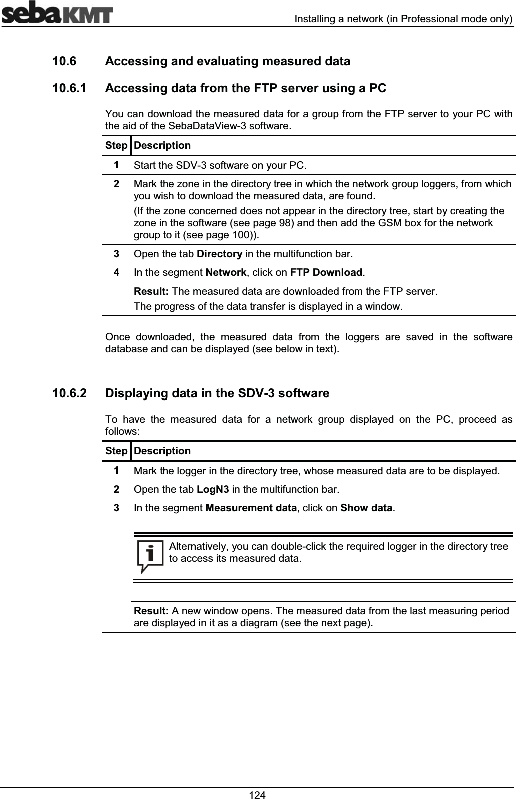  ,QVWDOOLQJDQHWZRUNLQ3URIHVVLRQDOPRGHRQO\ $FFHVVLQJDQGHYDOXDWLQJPHDVXUHGGDWD $FFHVVLQJGDWDIURPWKH)73VHUYHUXVLQJD3&amp;<RXFDQGRZQORDGWKHPHDVXUHGGDWDIRUDJURXSIURPWKH)73VHUYHUWR\RXU3&amp;ZLWKWKHDLGRIWKH6HED'DWD9LHZVRIWZDUH6WHS 'HVFULSWLRQ 6WDUWWKH6'9VRIWZDUHRQ\RXU3&amp; 0DUNWKH]RQHLQWKHGLUHFWRU\WUHHLQZKLFKWKHQHWZRUNJURXSORJJHUVIURPZKLFK\RXZLVKWRGRZQORDGWKHPHDVXUHGGDWDDUHIRXQG,IWKH]RQHFRQFHUQHGGRHVQRWDSSHDULQWKHGLUHFWRU\WUHHVWDUWE\FUHDWLQJWKH]RQHLQWKHVRIWZDUHVHHSDJHDQGWKHQDGGWKH*60ER[IRUWKHQHWZRUNJURXSWRLWVHHSDJH 2SHQWKHWDE'LUHFWRU\LQWKHPXOWLIXQFWLRQEDU ,QWKHVHJPHQW1HWZRUNFOLFNRQ)73'RZQORDG5HVXOW7KHPHDVXUHGGDWDDUHGRZQORDGHGIURPWKH)73VHUYHU7KHSURJUHVVRIWKHGDWDWUDQVIHULVGLVSOD\HGLQDZLQGRZ2QFH GRZQORDGHG WKH PHDVXUHG GDWD IURP WKH ORJJHUV DUH VDYHG LQ WKH VRIWZDUHGDWDEDVHDQGFDQEHGLVSOD\HGVHHEHORZLQWH[W 'LVSOD\LQJGDWDLQWKH6'9VRIWZDUH7R KDYH WKH PHDVXUHG GDWD IRU D QHWZRUN JURXS GLVSOD\HG RQ WKH 3&amp; SURFHHG DVIROORZV6WHS 'HVFULSWLRQ 0DUNWKHORJJHULQWKHGLUHFWRU\WUHHZKRVHPHDVXUHGGDWDDUHWREHGLVSOD\HG 2SHQWKHWDE/RJ1LQWKHPXOWLIXQFWLRQEDU ,QWKHVHJPHQW0HDVXUHPHQWGDWDFOLFNRQ6KRZGDWD$OWHUQDWLYHO\\RXFDQGRXEOHFOLFNWKHUHTXLUHGORJJHULQWKHGLUHFWRU\WUHHWRDFFHVVLWVPHDVXUHGGDWD5HVXOW$QHZZLQGRZRSHQV7KHPHDVXUHGGDWDIURPWKHODVWPHDVXULQJSHULRGDUHGLVSOD\HGLQLWDVDGLDJUDPVHHWKHQH[WSDJH