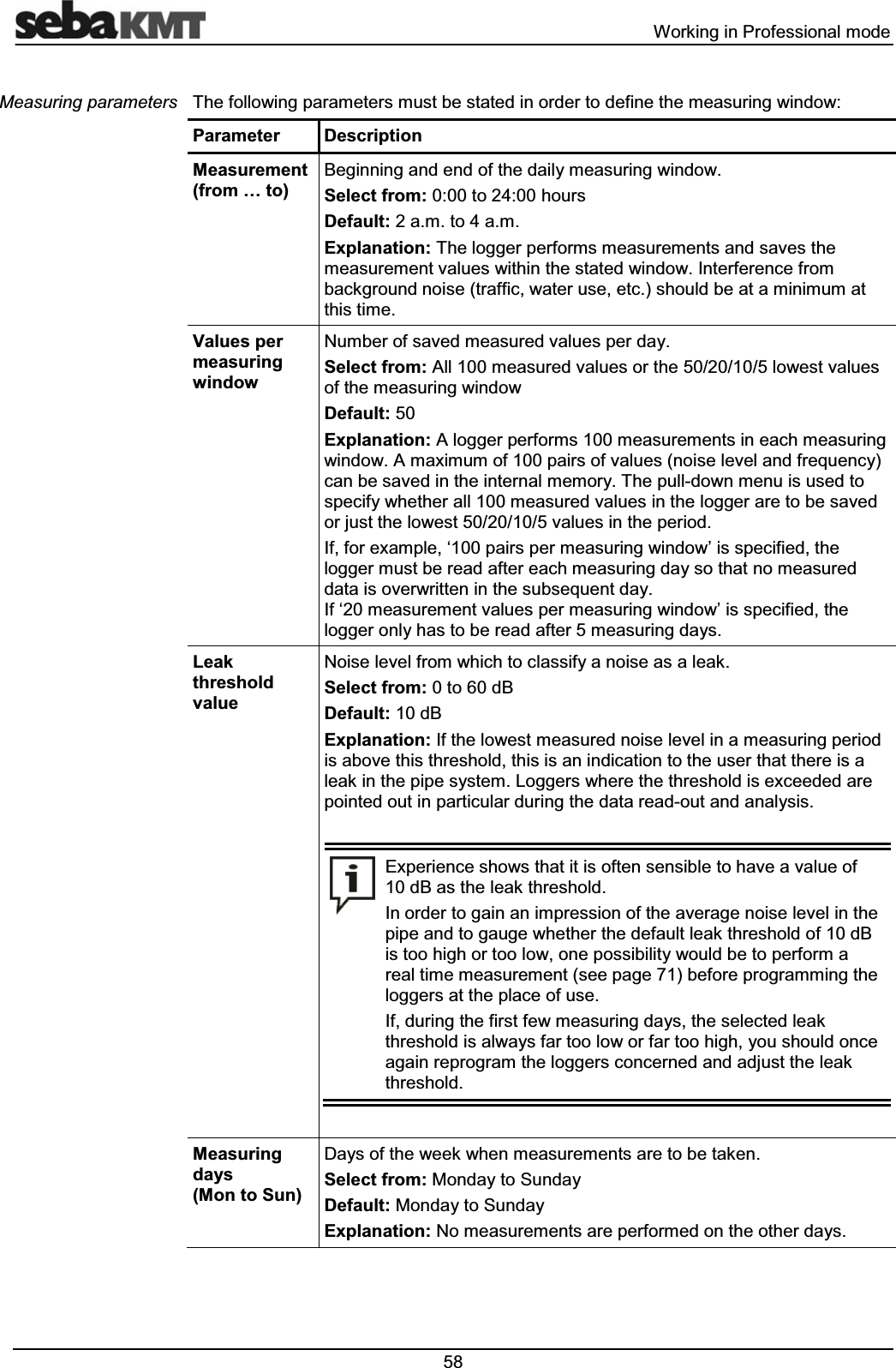  :RUNLQJLQ3URIHVVLRQDOPRGH7KHIROORZLQJSDUDPHWHUVPXVWEHVWDWHGLQRUGHUWRGHILQHWKHPHDVXULQJZLQGRZ3DUDPHWHU 'HVFULSWLRQ0HDVXUHPHQWIURP«WR%HJLQQLQJDQGHQGRIWKHGDLO\PHDVXULQJZLQGRZ6HOHFWIURPWRKRXUV'HIDXOWDPWRDP([SODQDWLRQ7KHORJJHUSHUIRUPVPHDVXUHPHQWVDQGVDYHVWKHPHDVXUHPHQWYDOXHVZLWKLQWKHVWDWHGZLQGRZ,QWHUIHUHQFHIURPEDFNJURXQGQRLVHWUDIILFZDWHUXVHHWFVKRXOGEHDWDPLQLPXPDWWKLVWLPH9DOXHVSHUPHDVXULQJZLQGRZ1XPEHURIVDYHGPHDVXUHGYDOXHVSHUGD\6HOHFWIURP$OOPHDVXUHGYDOXHVRUWKHORZHVWYDOXHVRIWKHPHDVXULQJZLQGRZ'HIDXOW([SODQDWLRQ$ORJJHUSHUIRUPVPHDVXUHPHQWVLQHDFKPHDVXULQJZLQGRZ$PD[LPXPRISDLUVRIYDOXHVQRLVHOHYHODQGIUHTXHQF\FDQEHVDYHGLQWKHLQWHUQDOPHPRU\7KHSXOOGRZQPHQXLVXVHGWRVSHFLI\ZKHWKHUDOOPHDVXUHGYDOXHVLQWKHORJJHUDUHWREHVDYHGRUMXVWWKHORZHVWYDOXHVLQWKHSHULRG,IIRUH[DPSOHµSDLUVSHUPHDVXULQJZLQGRZ¶LVVSHFLILHGWKHORJJHUPXVWEHUHDGDIWHUHDFKPHDVXULQJGD\VRWKDWQRPHDVXUHGGDWDLVRYHUZULWWHQLQWKHVXEVHTXHQWGD\,IµPHDVXUHPHQWYDOXHVSHUPHDVXULQJZLQGRZ¶LVVSHFLILHGWKHORJJHURQO\KDVWREHUHDGDIWHUPHDVXULQJGD\V/HDNWKUHVKROGYDOXH1RLVHOHYHOIURPZKLFKWRFODVVLI\DQRLVHDVDOHDN6HOHFWIURPWRG%'HIDXOWG%([SODQDWLRQ,IWKHORZHVWPHDVXUHGQRLVHOHYHOLQDPHDVXULQJSHULRGLVDERYHWKLVWKUHVKROGWKLVLVDQLQGLFDWLRQWRWKHXVHUWKDWWKHUHLVDOHDNLQWKHSLSHV\VWHP/RJJHUVZKHUHWKHWKUHVKROGLVH[FHHGHGDUHSRLQWHGRXWLQSDUWLFXODUGXULQJWKHGDWDUHDGRXWDQGDQDO\VLV([SHULHQFHVKRZVWKDWLWLVRIWHQVHQVLEOHWRKDYHDYDOXHRIG%DVWKHOHDNWKUHVKROG,QRUGHUWRJDLQDQLPSUHVVLRQRIWKHDYHUDJHQRLVHOHYHOLQWKHSLSHDQGWRJDXJHZKHWKHUWKHGHIDXOWOHDNWKUHVKROGRIG%LVWRRKLJKRUWRRORZRQHSRVVLELOLW\ZRXOGEHWRSHUIRUPDUHDOWLPHPHDVXUHPHQWVHHSDJHEHIRUHSURJUDPPLQJWKHORJJHUVDWWKHSODFHRIXVH,IGXULQJWKHILUVWIHZPHDVXULQJGD\VWKHVHOHFWHGOHDNWKUHVKROGLVDOZD\VIDUWRRORZRUIDUWRRKLJK\RXVKRXOGRQFHDJDLQUHSURJUDPWKHORJJHUVFRQFHUQHGDQGDGMXVWWKHOHDNWKUHVKROG0HDVXULQJGD\V0RQWR6XQ'D\VRIWKHZHHNZKHQPHDVXUHPHQWVDUHWREHWDNHQ6HOHFWIURP0RQGD\WR6XQGD\'HIDXOW0RQGD\WR6XQGD\([SODQDWLRQ1RPHDVXUHPHQWVDUHSHUIRUPHGRQWKHRWKHUGD\V0HDVXULQJSDUDPHWHUV