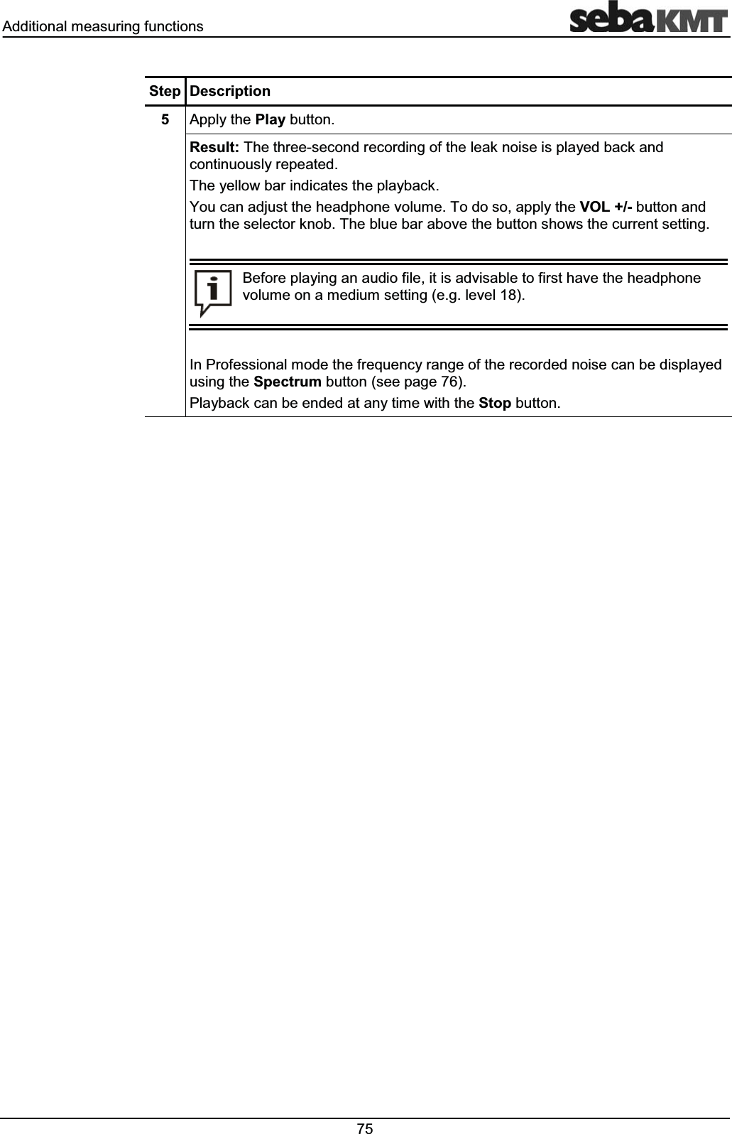 $GGLWLRQDOPHDVXULQJIXQFWLRQV 6WHS 'HVFULSWLRQ $SSO\WKH3OD\EXWWRQ5HVXOW7KHWKUHHVHFRQGUHFRUGLQJRIWKHOHDNQRLVHLVSOD\HGEDFNDQGFRQWLQXRXVO\UHSHDWHG7KH\HOORZEDULQGLFDWHVWKHSOD\EDFN<RXFDQDGMXVWWKHKHDGSKRQHYROXPH7RGRVRDSSO\WKH92/EXWWRQDQGWXUQWKHVHOHFWRUNQRE7KHEOXHEDUDERYHWKHEXWWRQVKRZVWKHFXUUHQWVHWWLQJ%HIRUHSOD\LQJDQDXGLRILOHLWLVDGYLVDEOHWRILUVWKDYHWKHKHDGSKRQHYROXPHRQDPHGLXPVHWWLQJHJOHYHO,Q3URIHVVLRQDOPRGHWKHIUHTXHQF\UDQJHRIWKHUHFRUGHGQRLVHFDQEHGLVSOD\HGXVLQJWKH6SHFWUXPEXWWRQVHHSDJH3OD\EDFNFDQEHHQGHGDWDQ\WLPHZLWKWKH6WRSEXWWRQ