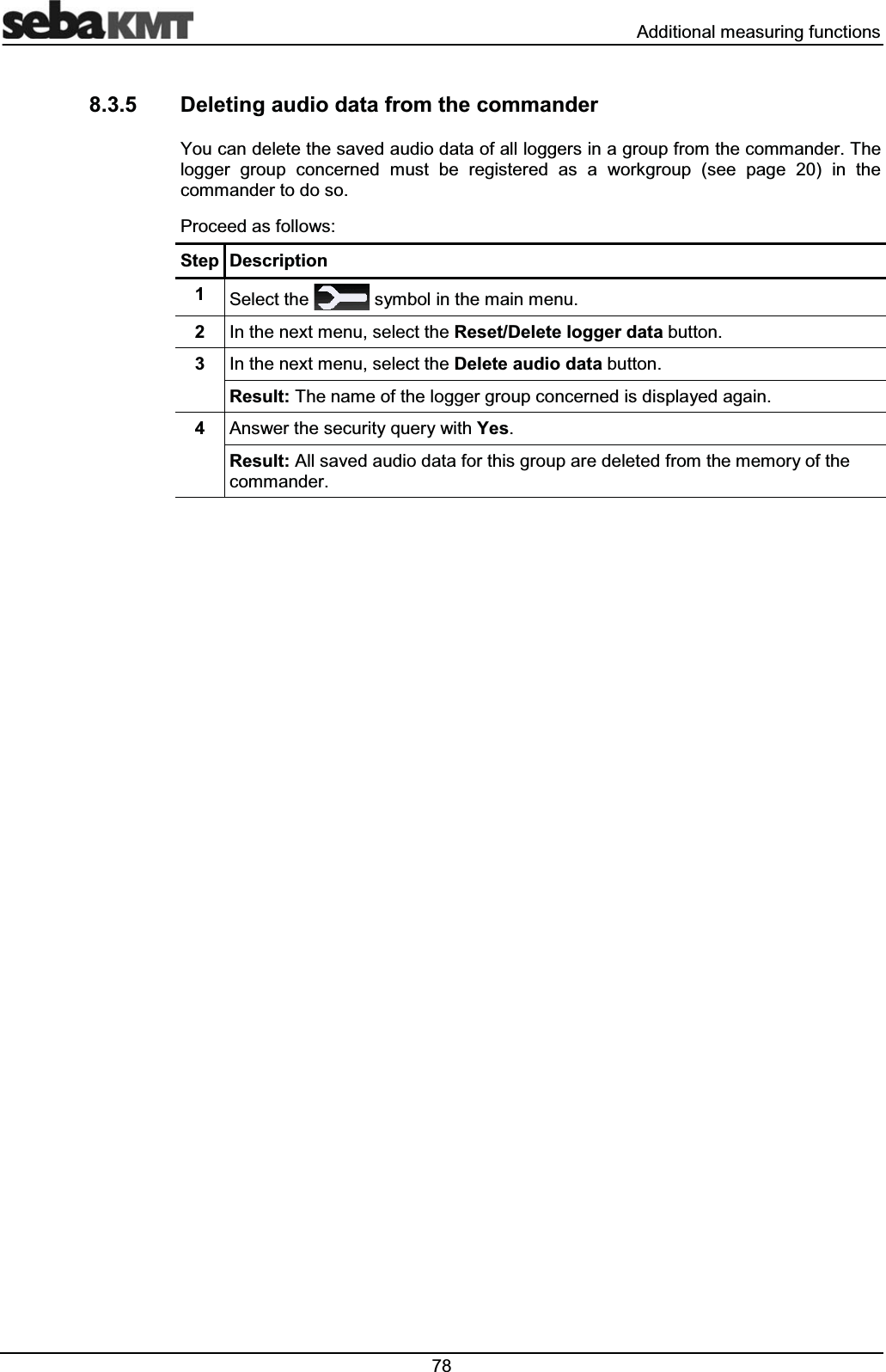  $GGLWLRQDOPHDVXULQJIXQFWLRQV 'HOHWLQJDXGLRGDWDIURPWKHFRPPDQGHU<RXFDQGHOHWHWKHVDYHGDXGLRGDWDRIDOOORJJHUVLQDJURXSIURPWKHFRPPDQGHU7KHORJJHU JURXS FRQFHUQHG PXVW EH UHJLVWHUHG DV D ZRUNJURXS VHH SDJH LQ WKHFRPPDQGHUWRGRVR3URFHHGDVIROORZV6WHS 'HVFULSWLRQ 6HOHFWWKH V\PEROLQWKHPDLQPHQX ,QWKHQH[WPHQXVHOHFWWKH5HVHW'HOHWHORJJHUGDWDEXWWRQ ,QWKHQH[WPHQXVHOHFWWKH'HOHWHDXGLRGDWDEXWWRQ5HVXOW7KHQDPHRIWKHORJJHUJURXSFRQFHUQHGLVGLVSOD\HGDJDLQ $QVZHUWKHVHFXULW\TXHU\ZLWK<HV5HVXOW$OOVDYHGDXGLRGDWDIRUWKLVJURXSDUHGHOHWHGIURPWKHPHPRU\RIWKHFRPPDQGHU