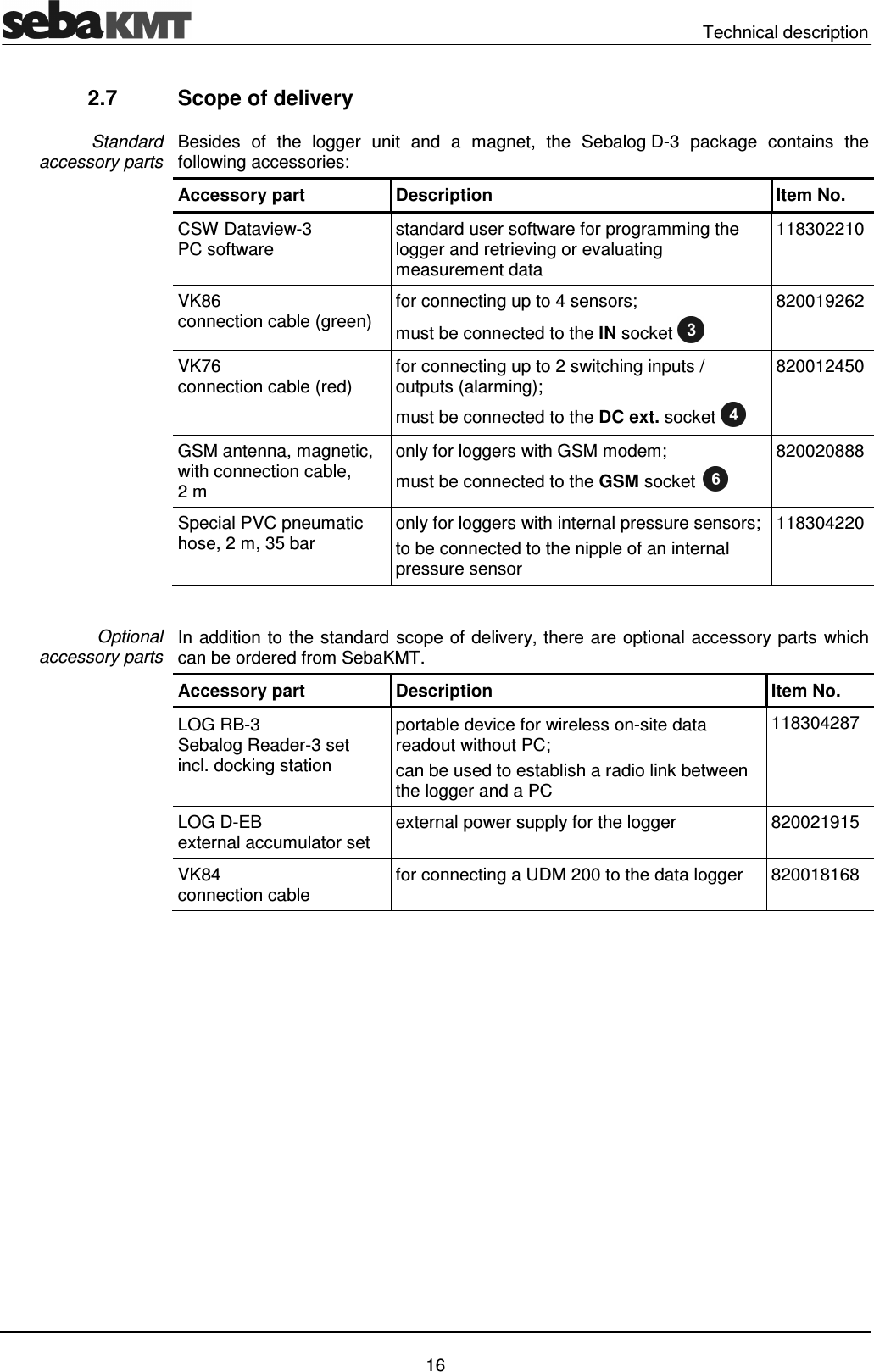   Technical description   16 2.7  Scope of delivery Besides  of  the  logger  unit  and  a  magnet,  the  Sebalog D-3  package  contains  the following accessories: Accessory part  Description  Item No. CSW Dataview-3 PC software  standard user software for programming the logger and retrieving or evaluating measurement data 118302210 VK86  connection cable (green)  for connecting up to 4 sensors; must be connected to the IN socket  820019262 VK76 connection cable (red)  for connecting up to 2 switching inputs / outputs (alarming); must be connected to the DC ext. socket  820012450 GSM antenna, magnetic, with connection cable,  2 m only for loggers with GSM modem; must be connected to the GSM socket  820020888 Special PVC pneumatic hose, 2 m, 35 bar  only for loggers with internal pressure sensors; to be connected to the nipple of an internal pressure sensor 118304220  In addition to the standard scope of delivery, there are optional accessory parts which can be ordered from SebaKMT. Accessory part  Description  Item No. LOG RB-3 Sebalog Reader-3 set  incl. docking station portable device for wireless on-site data readout without PC; can be used to establish a radio link between the logger and a PC 118304287 LOG D-EB  external accumulator set  external power supply for the logger  820021915 VK84 connection cable for connecting a UDM 200 to the data logger  820018168  Standard  accessory parts Optional  accessory parts 