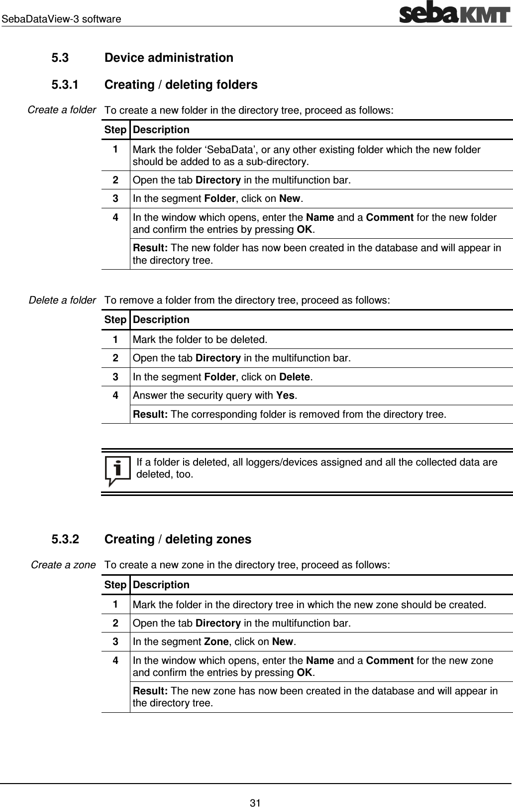 SebaDataView-3 software    31 5.3  Device administration 5.3.1  Creating / deleting folders To create a new folder in the directory tree, proceed as follows: Step Description 1  Mark the folder &lsquo;SebaData&rsquo;, or any other existing folder which the new folder should be added to as a sub-directory.  2  Open the tab Directory in the multifunction bar. 3  In the segment Folder, click on New. 4  In the window which opens, enter the Name and a Comment for the new folder and confirm the entries by pressing OK. Result: The new folder has now been created in the database and will appear in the directory tree.  To remove a folder from the directory tree, proceed as follows: Step Description 1  Mark the folder to be deleted. 2  Open the tab Directory in the multifunction bar. 3  In the segment Folder, click on Delete. 4  Answer the security query with Yes.  Result: The corresponding folder is removed from the directory tree.   If a folder is deleted, all loggers/devices assigned and all the collected data are deleted, too.   5.3.2  Creating / deleting zones To create a new zone in the directory tree, proceed as follows: Step Description 1  Mark the folder in the directory tree in which the new zone should be created.  2  Open the tab Directory in the multifunction bar. 3  In the segment Zone, click on New. 4  In the window which opens, enter the Name and a Comment for the new zone and confirm the entries by pressing OK. Result: The new zone has now been created in the database and will appear in the directory tree.  Create a folder Delete a folder Create a zone 