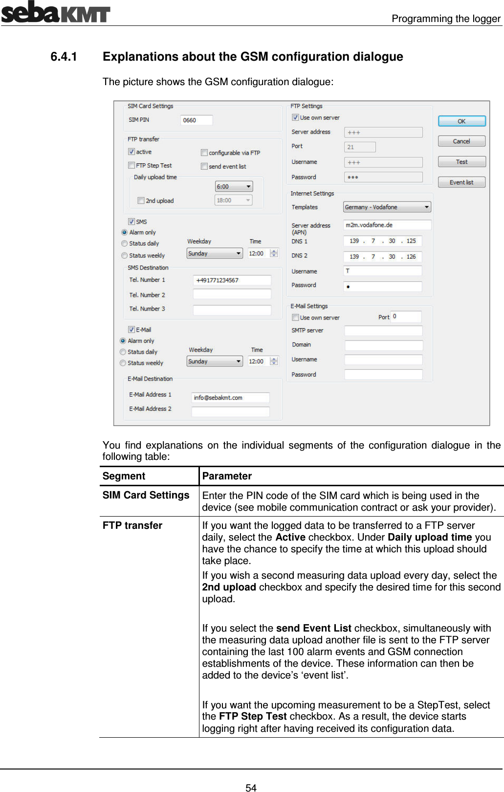   Programming the logger   54 6.4.1  Explanations about the GSM configuration dialogue The picture shows the GSM configuration dialogue:   You  find  explanations  on  the  individual  segments  of  the  configuration  dialogue  in  the following table: Segment  Parameter SIM Card Settings Enter the PIN code of the SIM card which is being used in the device (see mobile communication contract or ask your provider).  FTP transfer  If you want the logged data to be transferred to a FTP server daily, select the Active checkbox. Under Daily upload time you have the chance to specify the time at which this upload should take place. If you wish a second measuring data upload every day, select the 2nd upload checkbox and specify the desired time for this second upload.  If you select the send Event List checkbox, simultaneously with the measuring data upload another file is sent to the FTP server containing the last 100 alarm events and GSM connection establishments of the device. These information can then be added to the device&rsquo;s &lsquo;event list&rsquo;.   If you want the upcoming measurement to be a StepTest, select the FTP Step Test checkbox. As a result, the device starts logging right after having received its configuration data. 