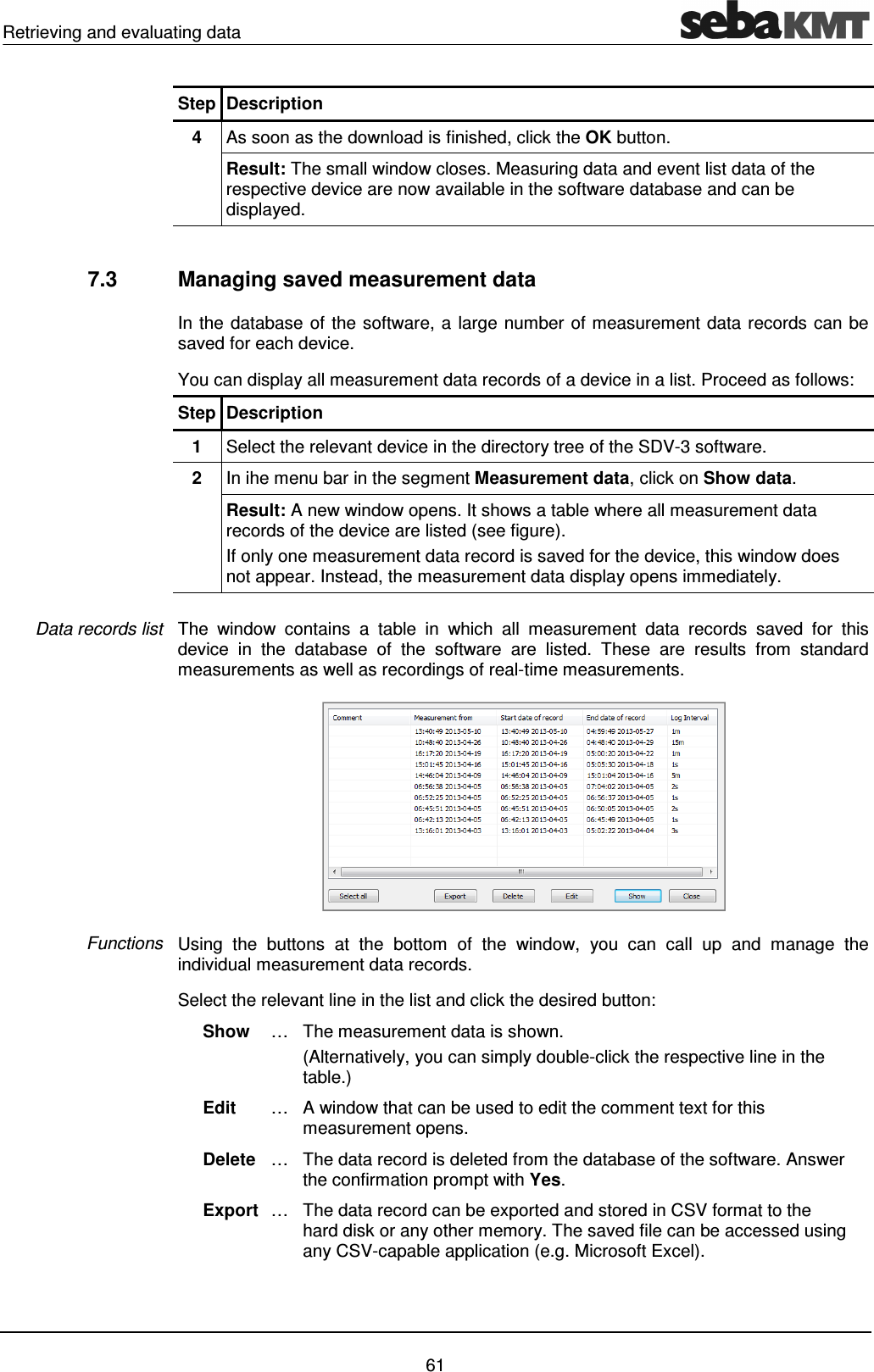 Retrieving and evaluating data    61 Step Description 4  As soon as the download is finished, click the OK button. Result: The small window closes. Measuring data and event list data of the respective device are now available in the software database and can be displayed.  7.3  Managing saved measurement data In the database of the software, a large number of measurement data records can be saved for each device.  You can display all measurement data records of a device in a list. Proceed as follows: Step Description 1  Select the relevant device in the directory tree of the SDV-3 software.  2  In ihe menu bar in the segment Measurement data, click on Show data. Result: A new window opens. It shows a table where all measurement data records of the device are listed (see figure).  If only one measurement data record is saved for the device, this window does not appear. Instead, the measurement data display opens immediately.  The  window  contains  a  table  in  which  all  measurement  data  records  saved  for  this device  in  the  database  of  the  software  are  listed.  These  are  results  from  standard measurements as well as recordings of real-time measurements.  Using  the  buttons  at  the  bottom  of  the  window,  you  can  call  up  and  manage  the individual measurement data records. Select the relevant line in the list and click the desired button: Show  &hellip; The measurement data is shown. (Alternatively, you can simply double-click the respective line in the table.)  Edit  &hellip; A window that can be used to edit the comment text for this measurement opens. Delete  &hellip; The data record is deleted from the database of the software. Answer the confirmation prompt with Yes. Export &hellip; The data record can be exported and stored in CSV format to the hard disk or any other memory. The saved file can be accessed using any CSV-capable application (e.g. Microsoft Excel).  Data records list Functions 