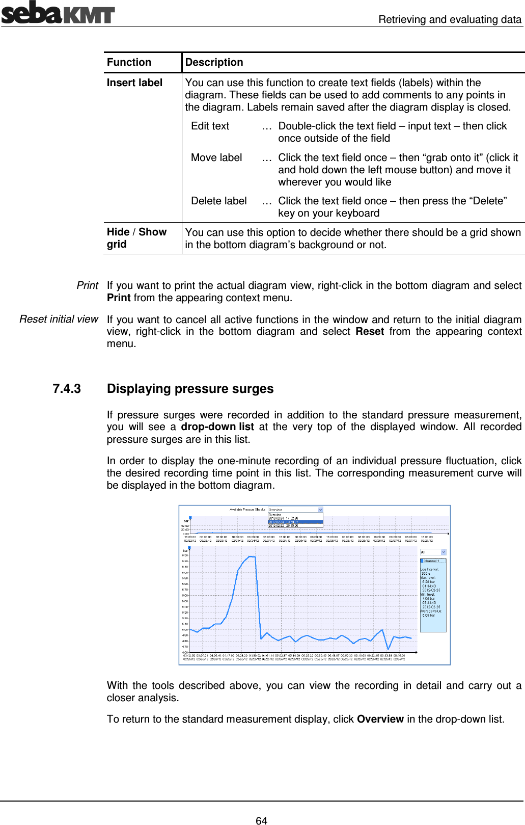   Retrieving and evaluating data   64 Function  Description Insert label  You can use this function to create text fields (labels) within the diagram. These fields can be used to add comments to any points in the diagram. Labels remain saved after the diagram display is closed.   Edit text  &hellip; Double-click the text field &ndash; input text &ndash; then click once outside of the field   Move label  &hellip; Click the text field once &ndash; then &ldquo;grab onto it&rdquo; (click it and hold down the left mouse button) and move it wherever you would like    Delete label  &hellip; Click the text field once &ndash; then press the &ldquo;Delete&rdquo; key on your keyboard Hide / Show grid You can use this option to decide whether there should be a grid shown in the bottom diagram&rsquo;s background or not.  If you want to print the actual diagram view, right-click in the bottom diagram and select Print from the appearing context menu.  If you want to cancel all active functions in the window and return to the initial diagram view,  right-click  in  the  bottom  diagram  and  select  Reset  from  the  appearing  context menu.    7.4.3  Displaying pressure surges If  pressure  surges  were  recorded  in  addition  to  the  standard  pressure  measurement, you  will  see  a  drop-down list  at  the  very  top  of  the  displayed  window.  All  recorded pressure surges are in this list.  In order to display the one-minute recording of an individual pressure fluctuation, click the desired recording time point in this list. The corresponding measurement curve will be displayed in the bottom diagram.  With the  tools  described  above,  you  can  view  the  recording  in  detail  and  carry  out  a closer analysis. To return to the standard measurement display, click Overview in the drop-down list.   Print Reset initial view 