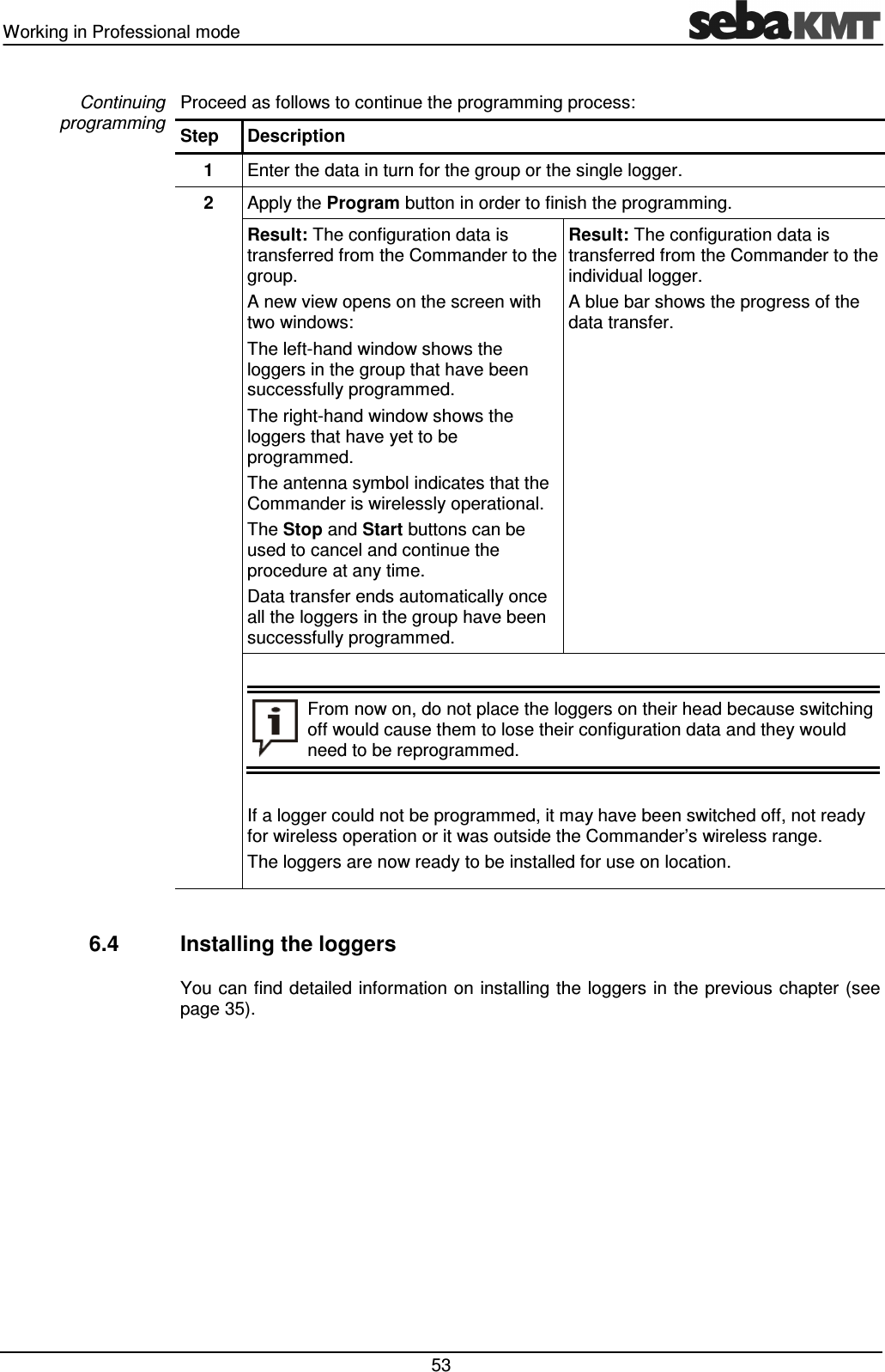 Working in Professional mode   53 Proceed as follows to continue the programming process: Step  Description 1  Enter the data in turn for the group or the single logger.  2  Apply the Program button in order to finish the programming.  Result: The configuration data is transferred from the Commander to the group. A new view opens on the screen with two windows: The left-hand window shows the loggers in the group that have been successfully programmed. The right-hand window shows the loggers that have yet to be programmed. The antenna symbol indicates that the Commander is wirelessly operational. The Stop and Start buttons can be used to cancel and continue the procedure at any time. Data transfer ends automatically once all the loggers in the group have been successfully programmed. Result: The configuration data is transferred from the Commander to the individual logger.  A blue bar shows the progress of the data transfer.    From now on, do not place the loggers on their head because switching off would cause them to lose their configuration data and they would need to be reprogrammed.  If a logger could not be programmed, it may have been switched off, not ready for wireless operation or it was outside the Commander&rsquo;s wireless range. The loggers are now ready to be installed for use on location.  6.4  Installing the loggers You can find detailed information on installing the loggers in the previous chapter (see page 35).  Continuing programming 