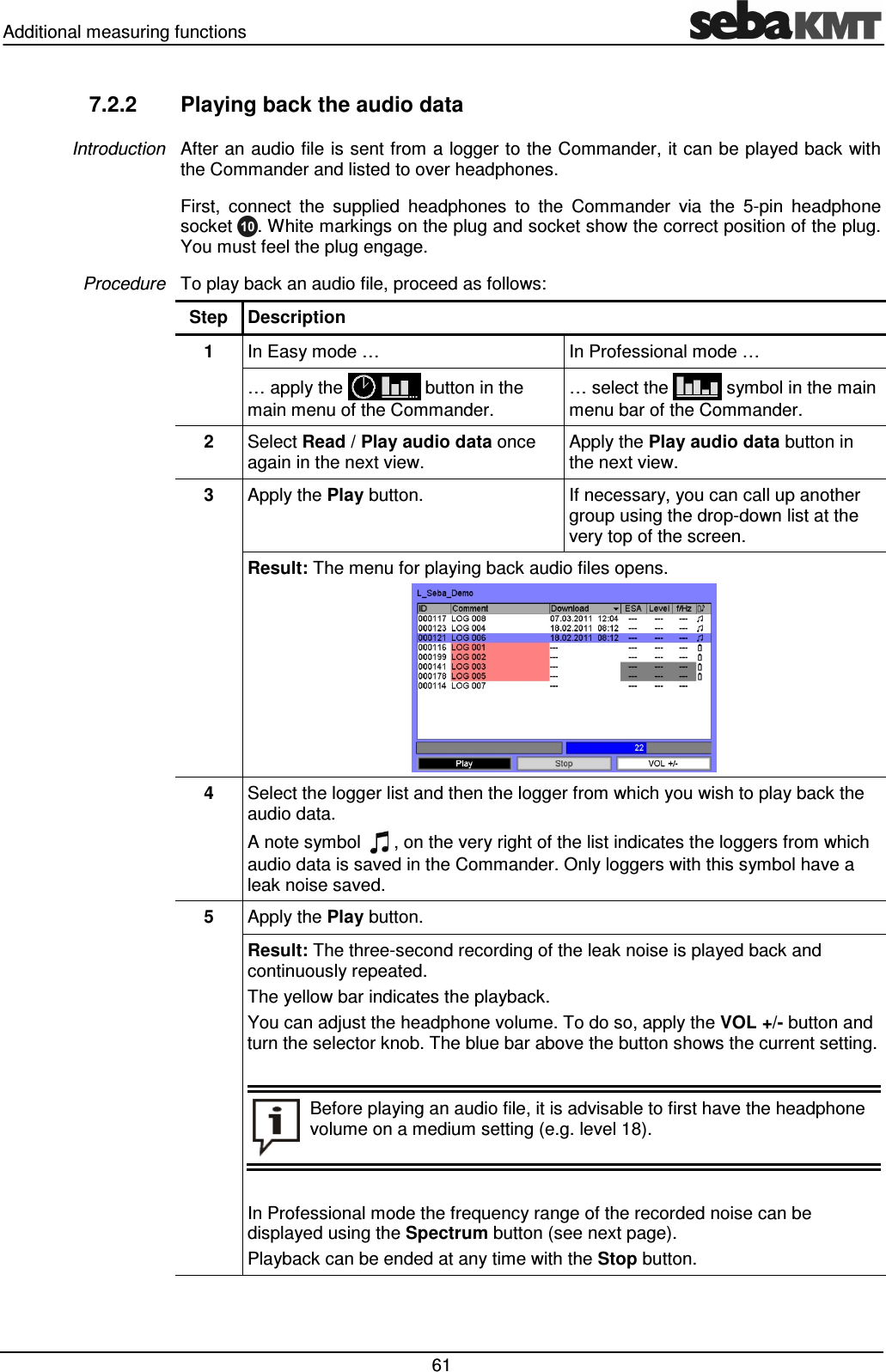 Additional measuring functions   61 7.2.2  Playing back the audio data After an audio file is sent from a logger to the Commander, it can be played back with the Commander and listed to over headphones. First,  connect  the  supplied  headphones  to  the  Commander  via  the  5-pin  headphone socket  . White markings on the plug and socket show the correct position of the plug. You must feel the plug engage. To play back an audio file, proceed as follows: Step  Description 1  In Easy mode &hellip;  In Professional mode &hellip; &hellip; apply the   button in the main menu of the Commander. &hellip; select the   symbol in the main menu bar of the Commander. 2  Select Read / Play audio data once again in the next view. Apply the Play audio data button in the next view. 3  Apply the Play button.  If necessary, you can call up another group using the drop-down list at the very top of the screen. Result: The menu for playing back audio files opens.  4  Select the logger list and then the logger from which you wish to play back the audio data. A note symbol  , on the very right of the list indicates the loggers from which audio data is saved in the Commander. Only loggers with this symbol have a leak noise saved. 5  Apply the Play button. Result: The three-second recording of the leak noise is played back and continuously repeated. The yellow bar indicates the playback. You can adjust the headphone volume. To do so, apply the VOL +/- button and turn the selector knob. The blue bar above the button shows the current setting.    Before playing an audio file, it is advisable to first have the headphone volume on a medium setting (e.g. level 18).  In Professional mode the frequency range of the recorded noise can be displayed using the Spectrum button (see next page). Playback can be ended at any time with the Stop button.  Introduction Procedure  