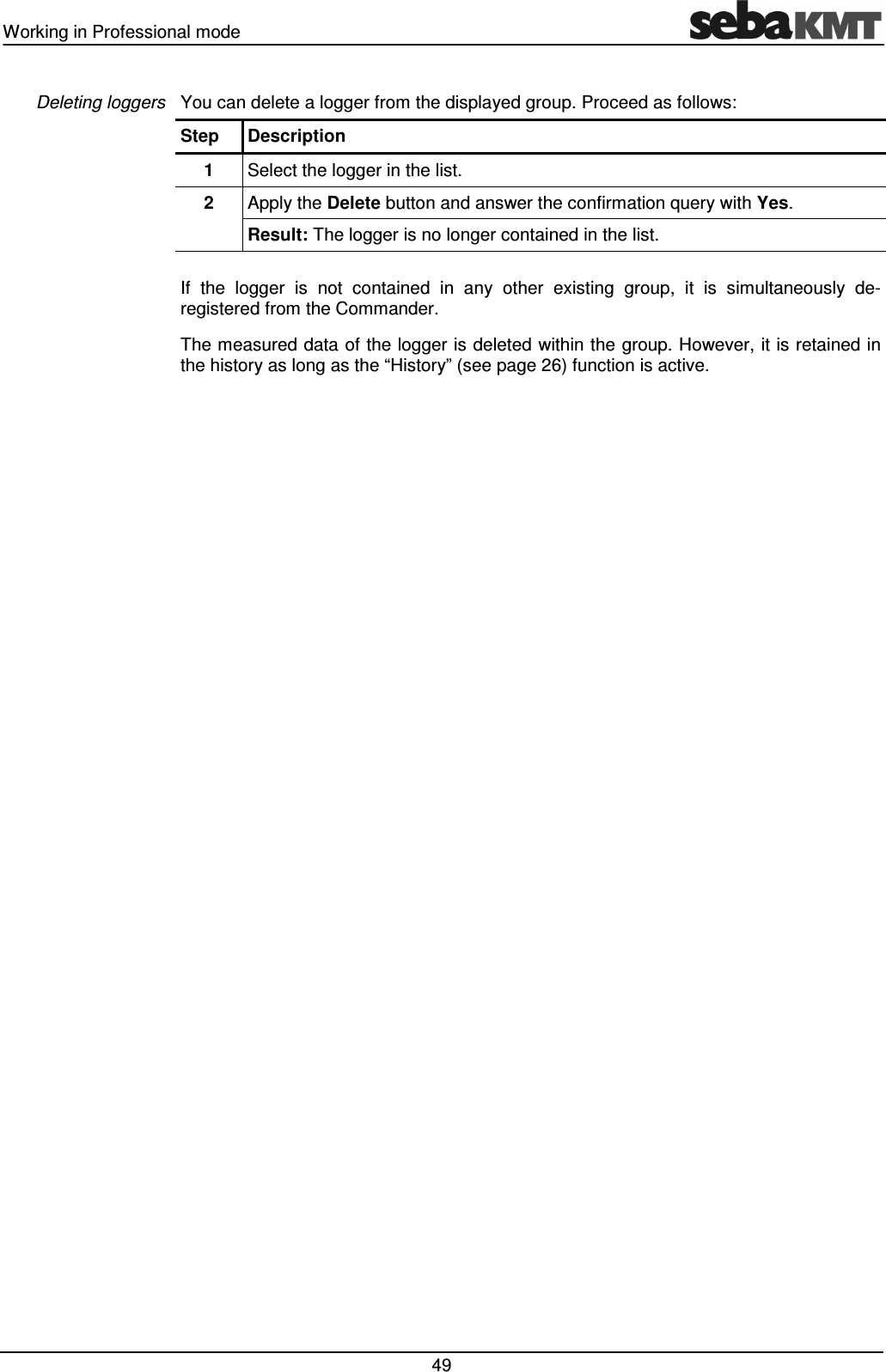 Working in Professional mode   49 You can delete a logger from the displayed group. Proceed as follows: Step  Description 1  Select the logger in the list. 2  Apply the Delete button and answer the confirmation query with Yes.  Result: The logger is no longer contained in the list.  If  the  logger  is  not  contained  in  any  other  existing  group,  it  is  simultaneously  de-registered from the Commander. The measured data of the logger is deleted within the group. However, it is retained in the history as long as the &ldquo;History&rdquo; (see page 26) function is active.  Deleting loggers 