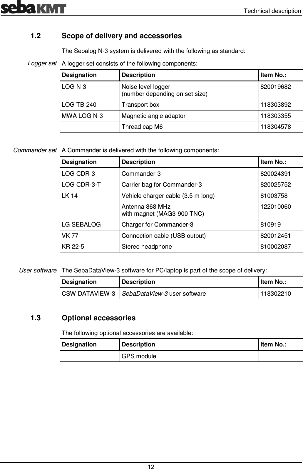   Technical description  12 1.2  Scope of delivery and accessories The Sebalog N-3 system is delivered with the following as standard: A logger set consists of the following components: Designation  Description  Item No.: LOG N-3  Noise level logger  (number depending on set size) 820019682 LOG TB-240  Transport box  118303892 MWA LOG N-3  Magnetic angle adaptor  118303355   Thread cap M6  118304578  A Commander is delivered with the following components: Designation  Description  Item No.: LOG CDR-3  Commander-3  820024391 LOG CDR-3-T  Carrier bag for Commander-3  820025752 LK 14  Vehicle charger cable (3.5 m long)  81003758   Antenna 868 MHz  with magnet (MAG3-900 TNC) 122010060 LG SEBALOG  Charger for Commander-3  810919 VK 77  Connection cable (USB output)  820012451 KR 22-5  Stereo headphone  810002087  The SebaDataView-3 software for PC/laptop is part of the scope of delivery: Designation  Description  Item No.: CSW DATAVIEW-3  SebaDataView-3 user software  118302210  1.3  Optional accessories The following optional accessories are available: Designation  Description  Item No.:   GPS module     Logger set Commander set User software 