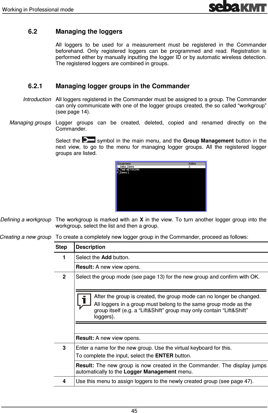 Working in Professional mode   45 6.2  Managing the loggers All  loggers  to  be  used  for  a  measurement  must  be  registered  in  the  Commander beforehand.  Only  registered  loggers  can  be  programmed  and  read.  Registration  is performed either by manually inputting the logger ID or by automatic wireless detection. The registered loggers are combined in groups.  6.2.1  Managing logger groups in the Commander All loggers registered in the Commander must be assigned to a group. The Commander can only communicate with one of the logger groups created, the so called “workgroup” (see page 14). Logger  groups  can  be  created,  deleted,  copied  and  renamed  directly  on  the Commander. Select the   symbol in the main menu, and the Group Management button in the next  view,  to  go  to  the  menu  for  managing  logger  groups.  All  the  registered  logger groups are listed.   The  workgroup is marked with an  X  in  the  view.  To turn another logger group into  the workgroup, select the list and then a group. To create a completely new logger group in the Commander, proceed as follows: Step  Description 1  Select the Add button.  Result: A new view opens. 2  Select the group mode (see page 13) for the new group and confirm with OK.      After the group is created, the group mode can no longer be changed. All loggers in a group must belong to the same group mode as the group itself (e.g. a “Lift&amp;Shift” group may only contain “Lift&amp;Shift” loggers).     Result: A new view opens. 3  Enter a name for the new group. Use the virtual keyboard for this. To complete the input, select the ENTER button.  Result: The new group  is  now created  in  the  Commander. The  display jumps automatically to the Logger Management menu. 4  Use this menu to assign loggers to the newly created group (see page 47).  Introduction Managing groups  Defining a workgroup Creating a new group 