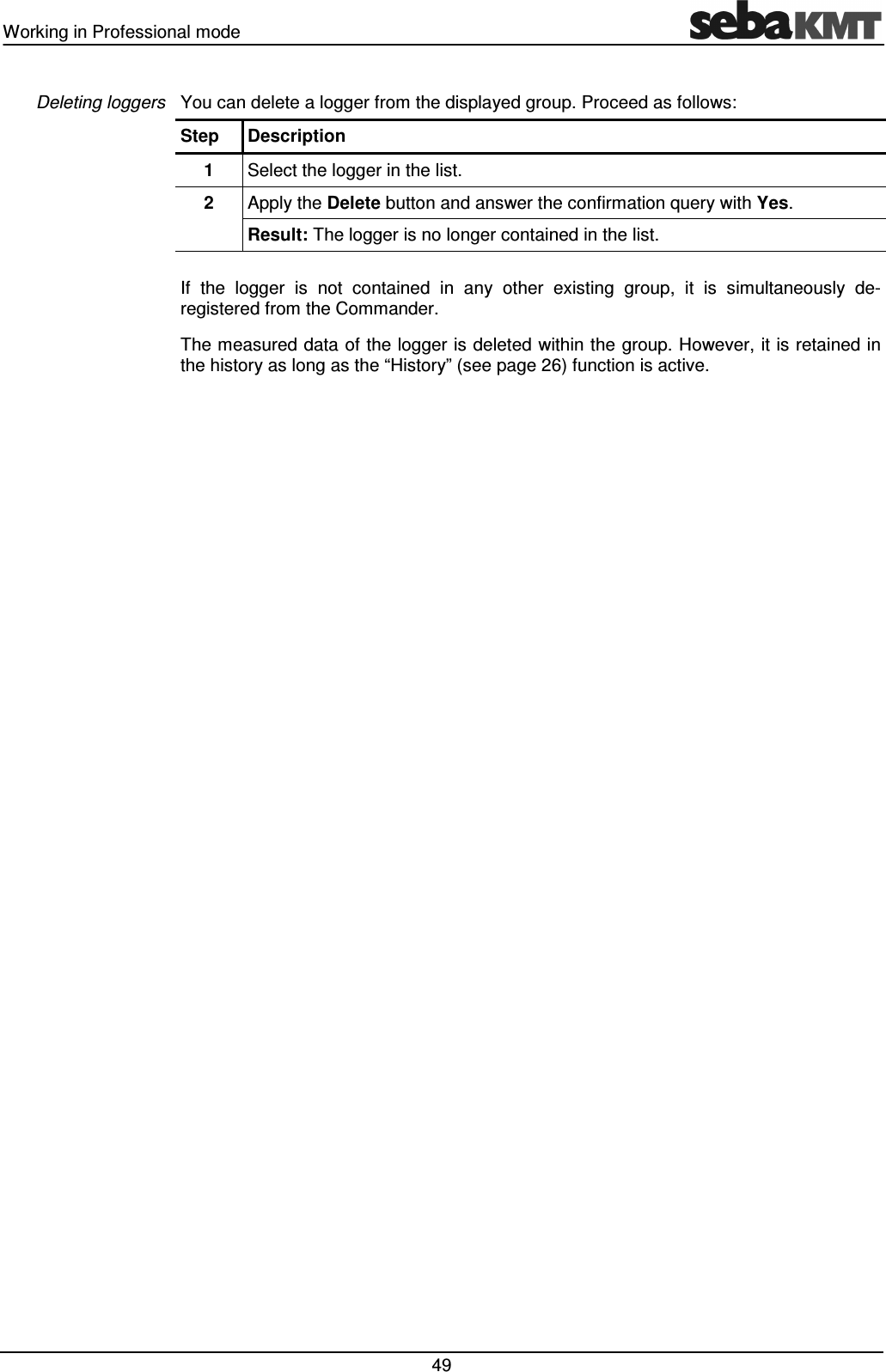 Working in Professional mode   49 You can delete a logger from the displayed group. Proceed as follows: Step  Description 1  Select the logger in the list. 2  Apply the Delete button and answer the confirmation query with Yes.  Result: The logger is no longer contained in the list.  If  the  logger  is  not  contained  in  any  other  existing  group,  it  is  simultaneously  de-registered from the Commander. The measured data of the logger is deleted within the group. However, it is retained in the history as long as the “History” (see page 26) function is active.  Deleting loggers 