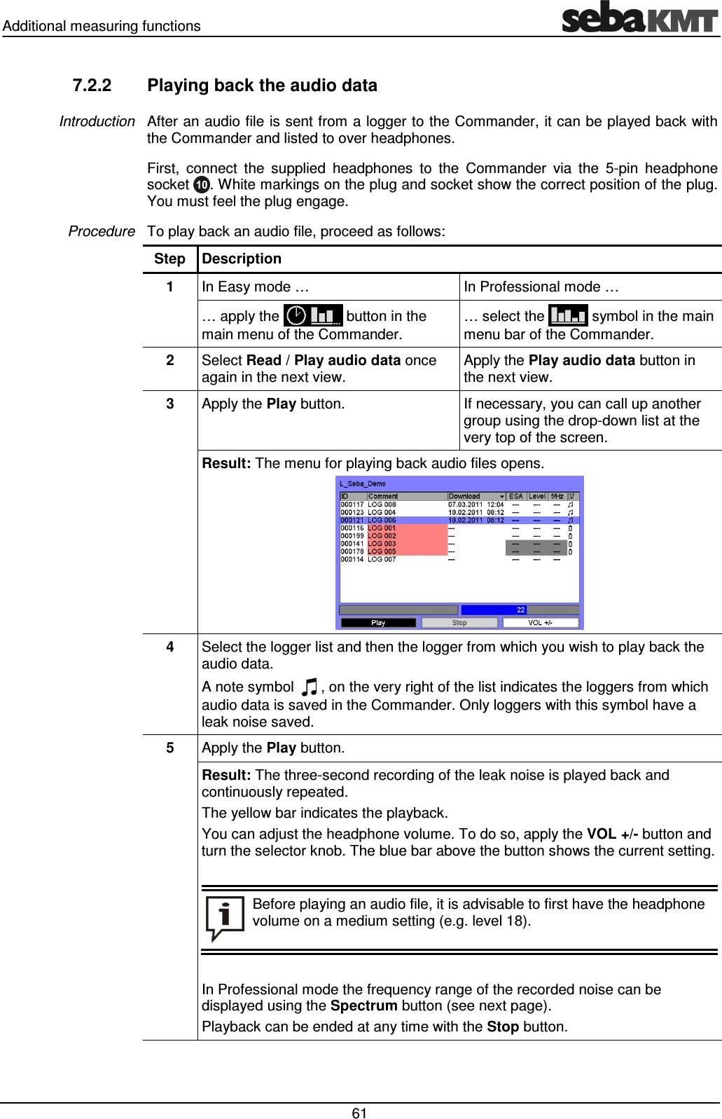 Additional measuring functions   61 7.2.2  Playing back the audio data After an audio file is sent from a logger to the Commander, it can be played back with the Commander and listed to over headphones. First,  connect  the  supplied  headphones  to  the  Commander  via  the  5-pin  headphone socket  . White markings on the plug and socket show the correct position of the plug. You must feel the plug engage. To play back an audio file, proceed as follows: Step  Description 1  In Easy mode …  In Professional mode … … apply the   button in the main menu of the Commander. … select the   symbol in the main menu bar of the Commander. 2  Select Read / Play audio data once again in the next view. Apply the Play audio data button in the next view. 3  Apply the Play button.  If necessary, you can call up another group using the drop-down list at the very top of the screen. Result: The menu for playing back audio files opens.  4  Select the logger list and then the logger from which you wish to play back the audio data. A note symbol  , on the very right of the list indicates the loggers from which audio data is saved in the Commander. Only loggers with this symbol have a leak noise saved. 5  Apply the Play button. Result: The three-second recording of the leak noise is played back and continuously repeated. The yellow bar indicates the playback. You can adjust the headphone volume. To do so, apply the VOL +/- button and turn the selector knob. The blue bar above the button shows the current setting.    Before playing an audio file, it is advisable to first have the headphone volume on a medium setting (e.g. level 18).  In Professional mode the frequency range of the recorded noise can be displayed using the Spectrum button (see next page). Playback can be ended at any time with the Stop button.  Introduction Procedure  