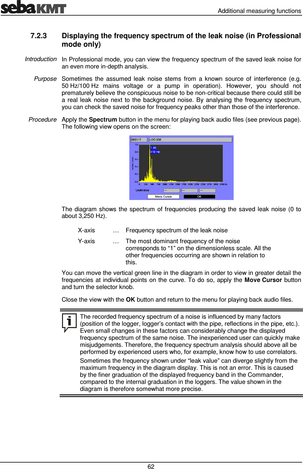   Additional measuring functions  62 7.2.3  Displaying the frequency spectrum of the leak noise (in Professional mode only) In Professional mode, you can view the frequency spectrum of the saved leak noise for an even more in-depth analysis.  Sometimes  the  assumed  leak  noise  stems  from  a  known  source  of  interference  (e.g. 50 Hz/100 Hz  mains  voltage  or  a  pump  in  operation).  However,  you  should  not prematurely believe the conspicuous noise to be non-critical because there could still be a real  leak  noise  next to  the background noise.  By  analysing the  frequency  spectrum, you can check the saved noise for frequency peaks other than those of the interference.  Apply the Spectrum button in the menu for playing back audio files (see previous page). The following view opens on the screen:  The  diagram shows the  spectrum of frequencies  producing the  saved leak noise (0 to about 3,250 Hz). X-axis  …  Frequency spectrum of the leak noise Y-axis  …  The most dominant frequency of the noise corresponds to “1” on the dimensionless scale. All the other frequencies occurring are shown in relation to this. You can move the vertical green line in the diagram in order to view in greater detail the frequencies at individual points on the curve. To do so, apply the Move Cursor button and turn the selector knob. Close the view with the OK button and return to the menu for playing back audio files.  The recorded frequency spectrum of a noise is influenced by many factors (position of the logger, logger’s contact with the pipe, reflections in the pipe, etc.). Even small changes in these factors can considerably change the displayed frequency spectrum of the same noise. The inexperienced user can quickly make misjudgements. Therefore, the frequency spectrum analysis should above all be performed by experienced users who, for example, know how to use correlators. Sometimes the frequency shown under “leak value” can diverge slightly from the maximum frequency in the diagram display. This is not an error. This is caused by the finer graduation of the displayed frequency band in the Commander, compared to the internal graduation in the loggers. The value shown in the diagram is therefore somewhat more precise.  Introduction Purpose  Procedure 