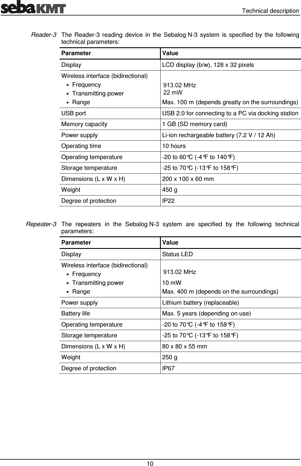   Technical description  10 The  Reader-3  reading  device  in  the  Sebalog N-3  system  is  specified  by  the  following technical parameters: Parameter  Value Display  LCD display (b/w), 128 x 32 pixels Wireless interface (bidirectional) &bull; Frequency &bull; Transmitting power &bull; Range  868 MHz (915 MHz optional) 10 mW Max. 100 m (depends greatly on the surroundings) USB port  USB 2.0 for connecting to a PC via docking station Memory capacity  1 GB (SD memory card) Power supply  Li-ion rechargeable battery (7.2 V / 12 Ah)  Operating time  10 hours Operating temperature  -20 to 60&deg;C (-4&deg;F to 140&deg;F) Storage temperature  -25 to 70&deg;C (-13&deg;F to 158&deg;F) Dimensions (L x W x H)  200 x 100 x 60 mm Weight  450 g Degree of protection  IP22  The  repeaters  in  the  Sebalog N-3  system  are  specified  by  the  following  technical parameters: Parameter  Value Display  Status LED Wireless interface (bidirectional) &bull; Frequency &bull; Transmitting power &bull; Range  868 MHz (915 MHz optional) 10 mW Max. 400 m (depends on the surroundings) Power supply  Lithium battery (replaceable)  Battery life  Max. 5 years (depending on use) Operating temperature  -20 to 70&deg;C (-4&deg;F to 158&deg;F) Storage temperature  -25 to 70&deg;C (-13&deg;F to 158&deg;F) Dimensions (L x W x H)  80 x 80 x 55 mm Weight  250 g Degree of protection  IP67  Reader-3 Repeater-3 913.02 MHz913.02 MHz 22 mW