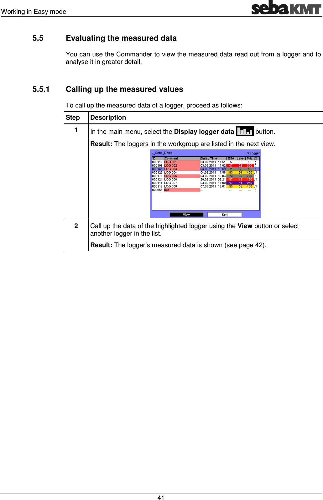 Working in Easy mode   41 5.5  Evaluating the measured data You can use the Commander to view the measured data read out from a logger and to analyse it in greater detail.  5.5.1  Calling up the measured values To call up the measured data of a logger, proceed as follows: Step  Description 1  In the main menu, select the Display logger data   button. Result: The loggers in the workgroup are listed in the next view.    2  Call up the data of the highlighted logger using the View button or select another logger in the list.  Result: The logger&rsquo;s measured data is shown (see page 42).  
