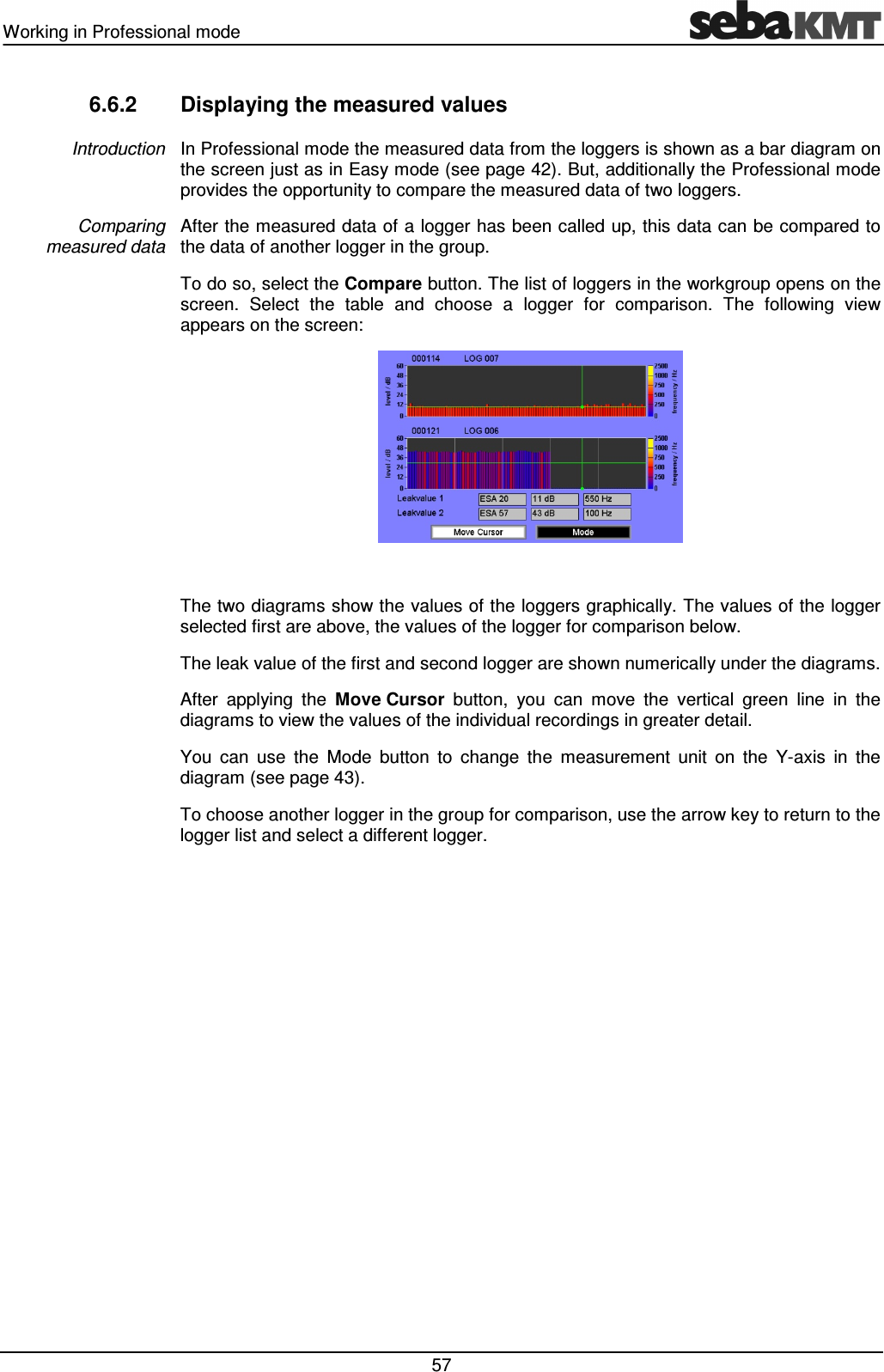 Working in Professional mode 57 6.6.2 Displaying the measured values In Professional mode the measured data from the loggers is shown as a bar diagram on the screen just as in Easy mode (see page 42). But, additionally the Professional mode provides the opportunity to compare the measured data of two loggers. After the measured data of a logger has been called up, this data can be compared to the data of another logger in the group. To do so, select the Compare button. The list of loggers in the workgroup opens on the screen. Select the table and choose a logger for comparison. The following view appears on the screen: The two diagrams show the values of the loggers graphically. The values of the logger selected first are above, the values of the logger for comparison below. The leak value of the first and second logger are shown numerically under the diagrams. After applying the Move Cursor button, you can move the vertical green line in the diagrams to view the values of the individual recordings in greater detail. You can use the Mode button to change the measurement unit on the Y-axis in the diagram (see page 43). To choose another logger in the group for comparison, use the arrow key to return to the logger list and select a different logger. Introduction Comparing measured data
