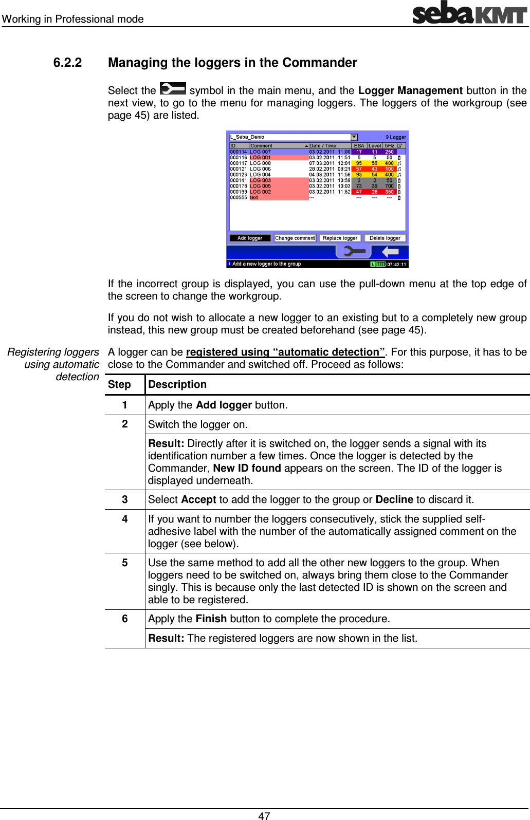 Working in Professional mode 47 6.2.2 Managing the loggers in the Commander Select the symbol in the main menu, and the Logger Management button in the next view, to go to the menu for managing loggers. The loggers of the workgroup (see page 45) are listed. If the incorrect group is displayed, you can use the pull-down menu at the top edge of the screen to change the workgroup. If you do not wish to allocate a new logger to an existing but to a completely new group instead, this new group must be created beforehand (see page 45). A logger can be registered using “automatic detection”. For this purpose, it has to be close to the Commander and switched off. Proceed as follows: Step Description 1 Apply the Add logger button. 2 Switch the logger on. Result: Directly after it is switched on, the logger sends a signal with its identification number a few times. Once the logger is detected by the Commander, New ID found appears on the screen. The ID of the logger is displayed underneath. 3 Select Accept to add the logger to the group or Decline to discard it. 4 If you want to number the loggers consecutively, stick the supplied self-adhesive label with the number of the automatically assigned comment on the logger (see below). 5 Use the same method to add all the other new loggers to the group. When loggers need to be switched on, always bring them close to the Commander singly. This is because only the last detected ID is shown on the screen and able to be registered. 6 Apply the Finish button to complete the procedure. Result: The registered loggers are now shown in the list. Registering loggers using automatic detection