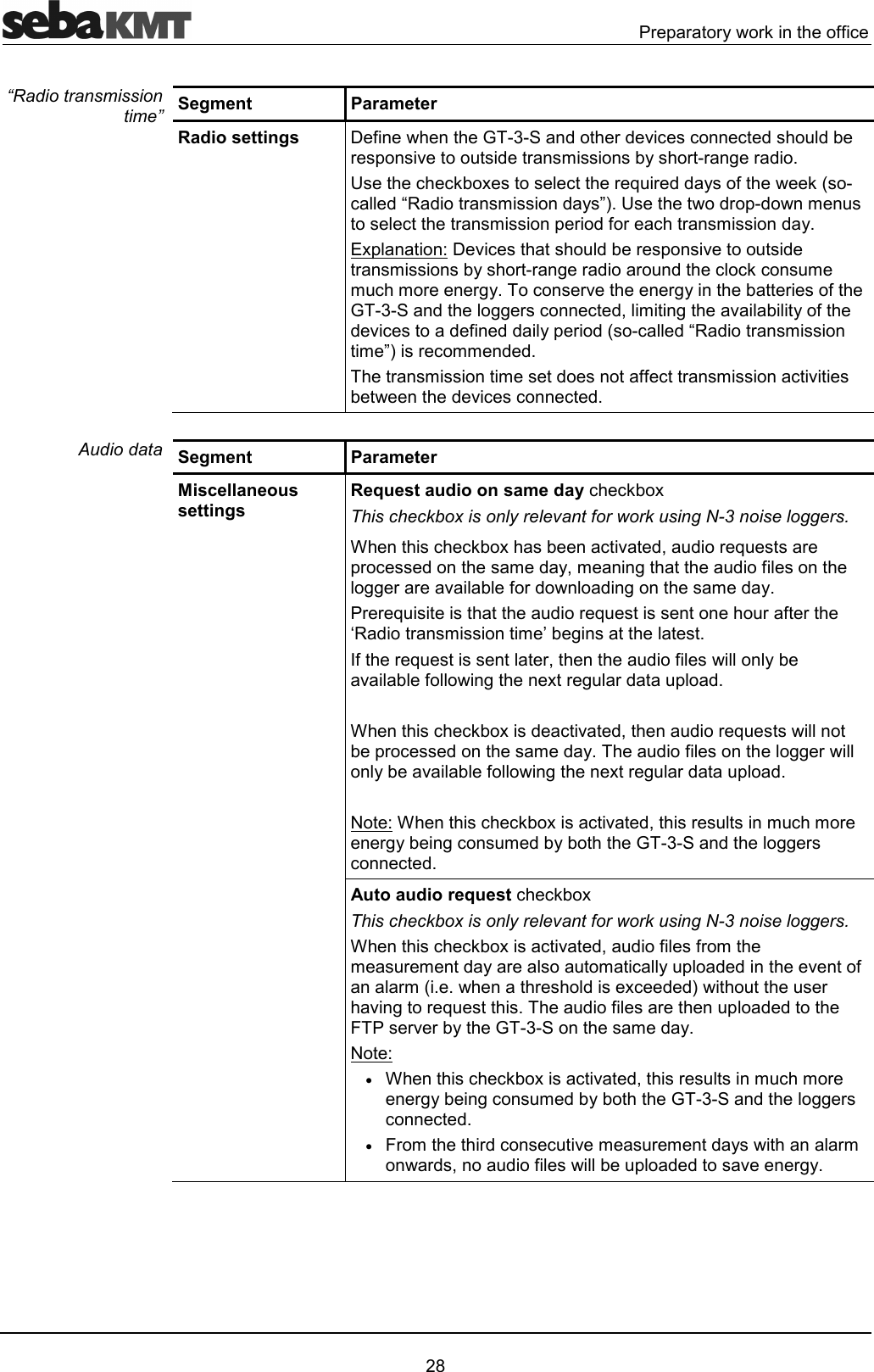 .!2!!1!*33" $Segment  Parameter Radio settings  93D&amp;'!'6"""''!26'!#1!!)!'4J""*@"!5!''13*"'F/'!#'1G4J'!2'#"!#2!'3!"!#'14@296"'!26'!#1!!)!'!'""*"##"#!!)14"!6!)1!3D&amp;'))!""'7#)613'6"'3''12!'"'F/'!##G!"##''4!##'33"!#"6'6"""'4Segment  Parameter Miscellaneous settings Request audio on same day""*@This checkbox is only relevant for work using N-3 noise loggers. 0""*@"6'7'!5!2!"'#'17#)'3))!!63!'')#'14.!!5'!5!3!V/'!##H)43!5!7'3163)@!)!'2'40""*@'"6'7'!52!"'#'14'3))!163)@!)!'2'40""*@"6'7!#"#!!)1)"#'1D&amp;'))!""'4  Auto audio request""*@This checkbox is only relevant for work using N-3 noise loggers. 0""*@"6'7'33!##!#'1!#"12''63!#44!'@"''!6)!54'3!2''8.!6!1D&amp;#'14&bull;0""*@"6'7!#"#!!)1)"#'1D&amp;'))!""'4&bull;8!#!'""6#!#'1!#!'7'32''6!)14&ldquo;Radio transmission time&rdquo; Audio data 