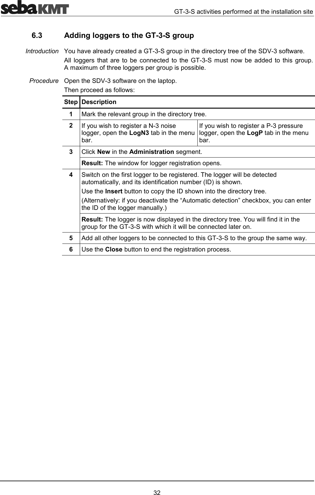  D&amp;"62!3!#' &amp;6.3  Adding loggers to the GT-3-S group  O6!'1"!'D&amp;)!2'!"!1!39E&amp;3!4 ))!!  ""' D&amp;#'''  )!24 #@##3!))!2!)!224(29E&amp;3!2242!"'3Step Description 1  !*!6)!2'!"!1!42  31!)!&amp;))!72LogN3#!431!)!.&amp;2!!))!72LogP#!43  "*NewAdministration)#4Result:'3!))!!)!244  "3!))!!)!'4))!'"'#"17''3"#!94JInsert"219'!"!1!4 !6131'"6F #"'"G""*@71"!93))!#14Result:))!'21''!"!1!4O3')!23!D&amp;"""'!45   ''!))!""'D&amp;)!2#146  JClose'!)!2!"4Introduction Procedure 