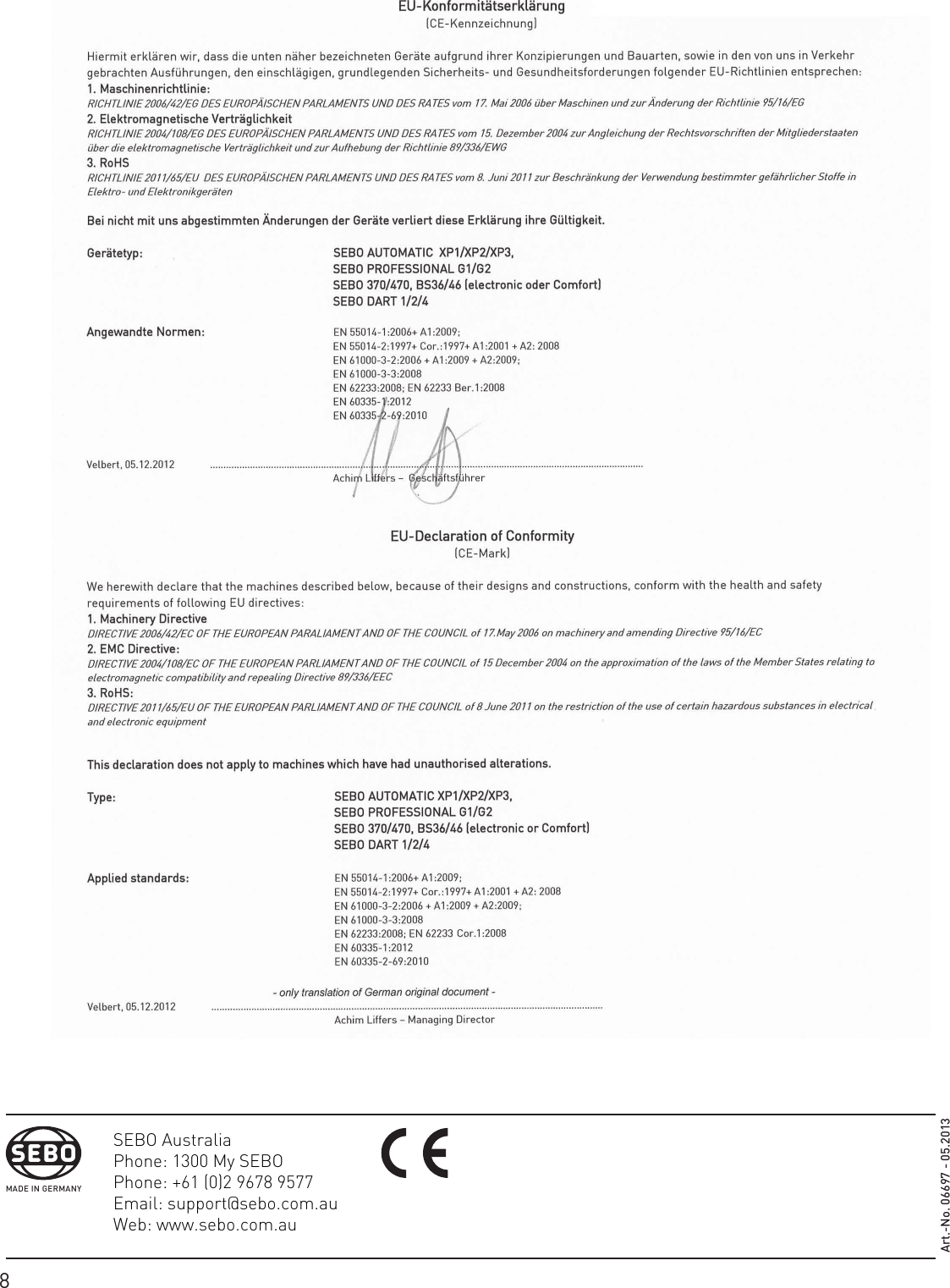 Page 8 of 8 - Sebo Sebo-Sebo-Vacuum-Cleaner-G1-Users-Manual-  Sebo-sebo-vacuum-cleaner-g1-users-manual