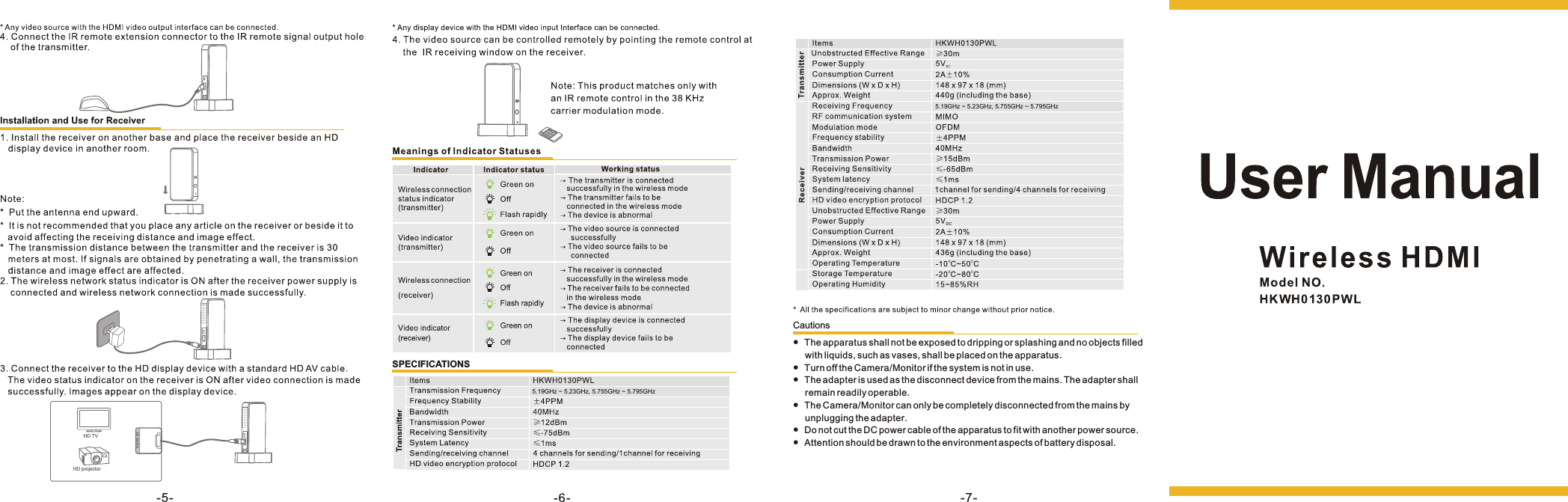 -5- -7-SPECIFICATIONS●   The apparatus shall not be exposed to dripping or splashing and no objects filled      with liquids, such as vases, shall be placed on the apparatus.●   Turn off the Camera/Monitor if the system is not in use.●   The adapter is used as the disconnect device from the mains. The adapter shall     remain readily operable.●   The Camera/Monitor can only be completely disconnected from the mains by     unplugging the adapter.●   Do not cut the DC power cable of the apparatus to fit with another power source.●   Attention should be drawn to the environment aspects of battery disposal.Cautions HD MI INHD projectorHD TV5.19GHz ~ 5.23GHz, 5.755GHz ~ 5.795GHz5.19GHz ~ 5.23GHz, 5.755GHz ~ 5.795GHz