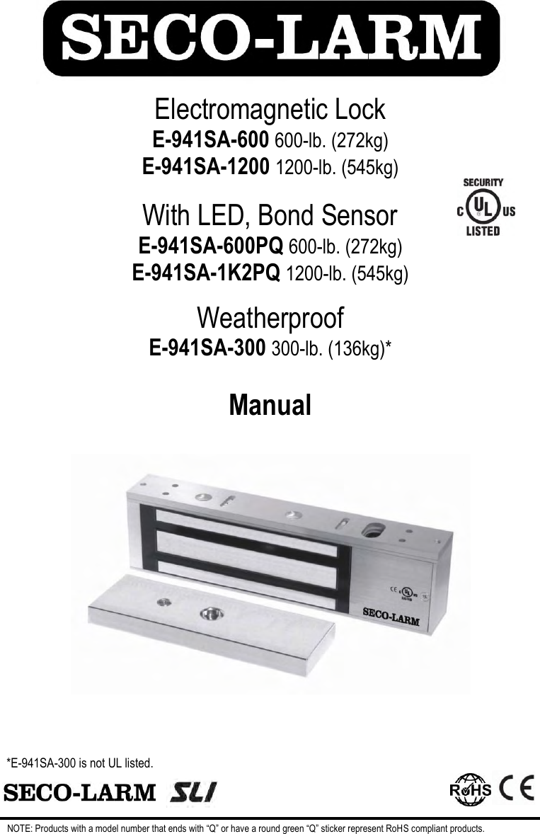 Page 1 of 8 - Seco-Larm-Usa Seco-Larm-Usa-Electromagnetic-Lock-E-941Sa-1K2Pq-Users-Manual-  Seco-larm-usa-electromagnetic-lock-e-941sa-1k2pq-users-manual